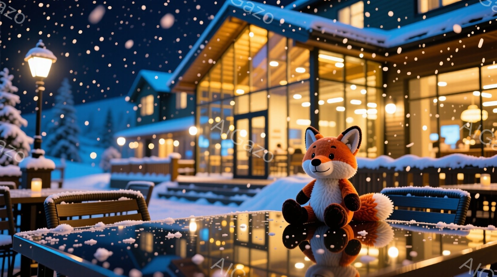 雪が降る夜のテラス席に、可愛らしいキツネのぬいぐるみがお座りになっています。背景には暖色の光が灯る近代的な建物がそびえ立ち、静かで幻想的な雰囲気を醸し出しています。テーブルと椅子には雪が積もり、冬の夜の穏やかな情景が広がっています。