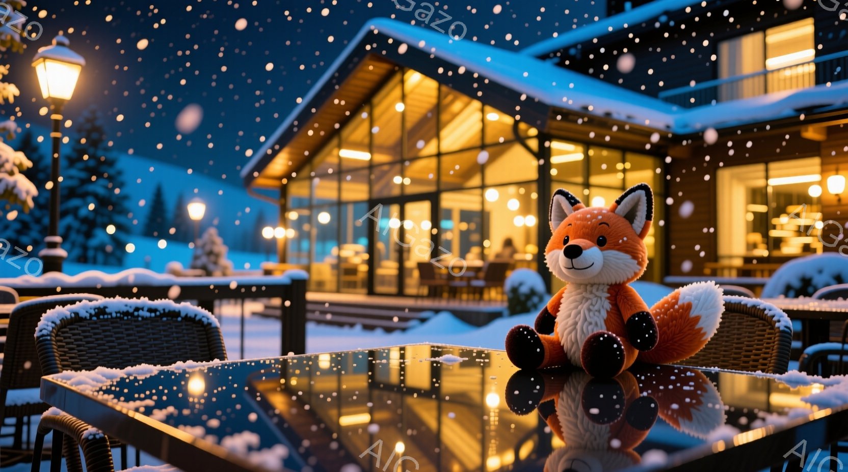 雪が降り積もる夜、テラスに置かれたテーブルの上には、オレンジ色の可愛らしいキツネのぬいぐるみがあります。背景には、暖色の光が灯る大きなガラス張りの建物と、雪に覆われた木々が見え、冬の静かで温かい雰囲気が漂っています。雪の光景と建物の明かりが、幻想的な冬の夜を演出しています。
