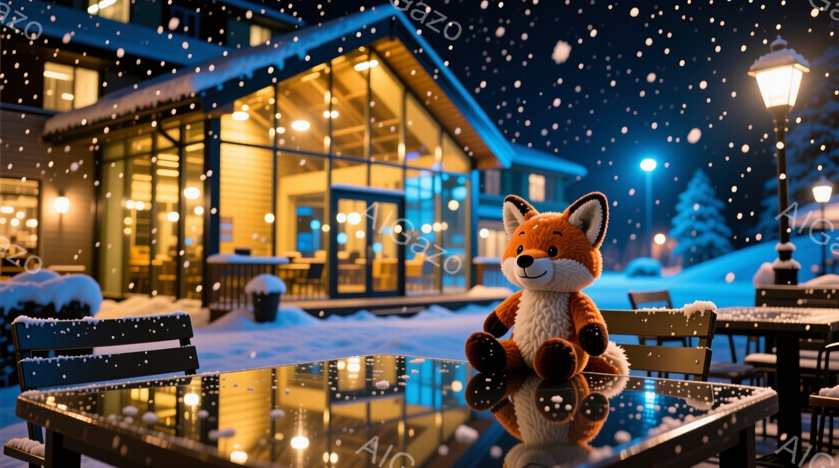 雪が降る夜の屋外テーブルに、茶色のぬいぐるみキツネが座っています。背景には光り輝く窓を持つ近代的な建物があり、雪に覆われた木々と暗い青色の空が広がっています。全体的に、暖かく、静かで、冬の穏やかな夜の雰囲気です。