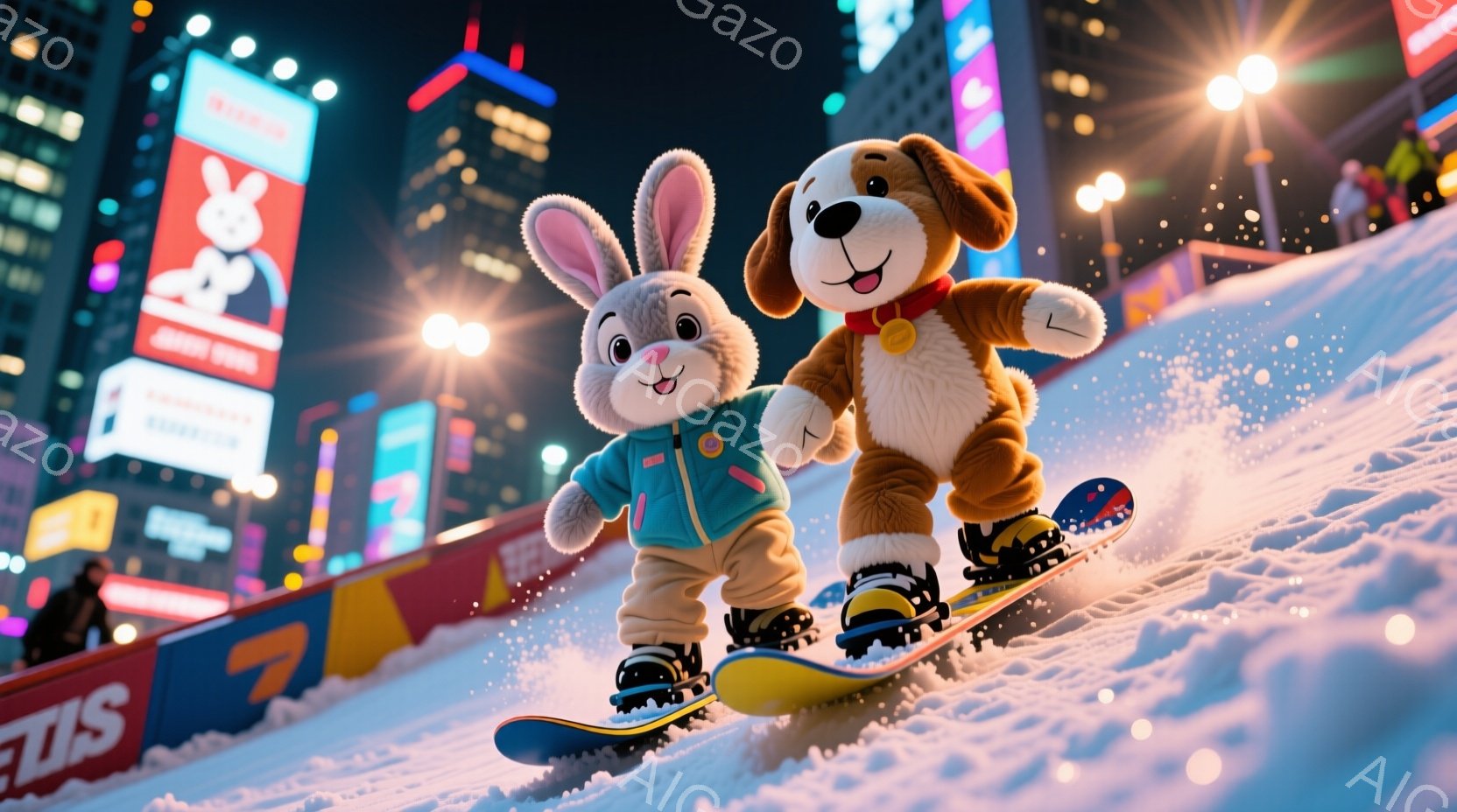 街の夜景を背景に、ウサギと犬がスノーボードに乗って雪の斜面を滑走している様子が描かれている。ウサギは水色のダウンジャケットとベージュ色のズボンを着用し、犬は茶色の毛並みと赤いジャケットで、共に楽しそう - AI生成フリー素材