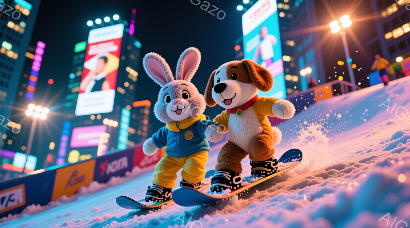 雪の斜面をスノーボードで滑る、かわいらしいウサギと犬のキャラクターが描かれています。ウサギは青いジャケットと黄色のズボン、犬は赤いジャケットと茶色のズボンを着用しており、どちらもスノーボードブーツを履 - AI生成フリー素材