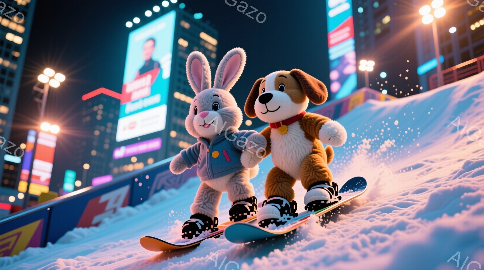 雪山をスノーボードで滑るウサギと犬のキャラクターが描かれています。ウサギは青いジャケットと赤いアクセント、犬は茶色のコートを着ており、どちらも笑顔で楽しんでいるようです。背景には、ネオンライトが輝く都 - AI生成フリー素材