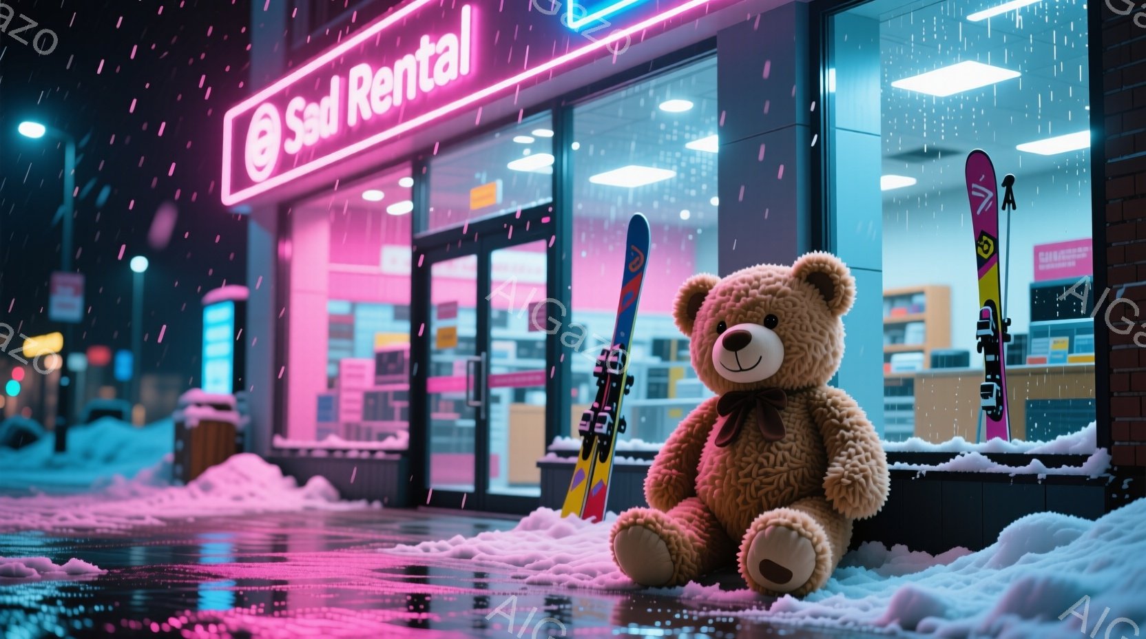 ぬいぐるみは、雪の積もった歩道に座り、足元にはスキー板が2本置かれています。背景には「Sad Rental」と書かれたネオンサインが光る店舗があり、周囲は夜の雪景色で、雨や雪が降り積もっています。全体的に、少し寂しげで、冬の夜の静けさを感じさせる雰囲気です。
