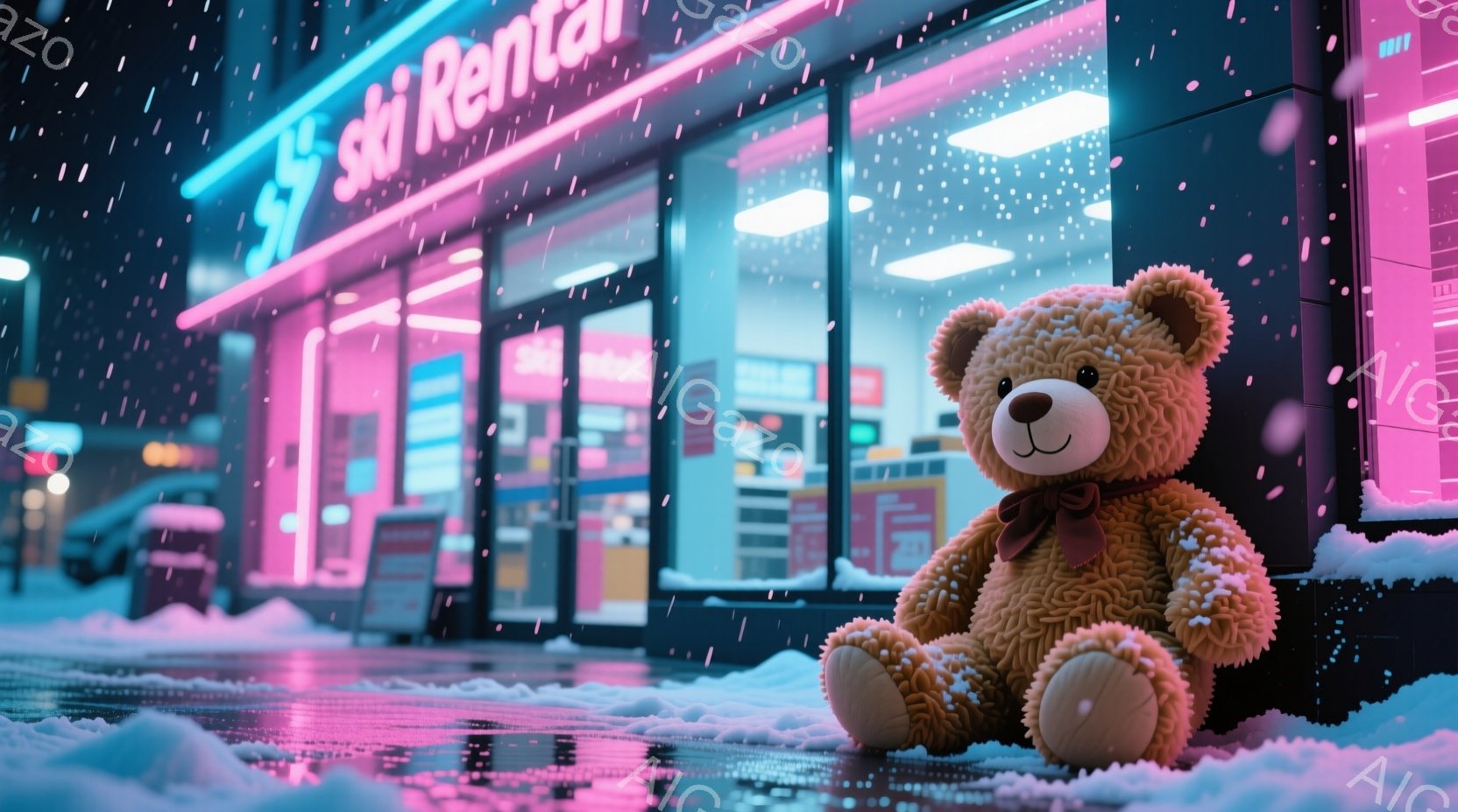 ぬいぐるみ、おそらくクマが雪の上に座っており、赤いリボンをつけている。背景には「Ski Rental」と書かれた光る看板のある建物があり、雪が降っている夜の情景が描かれている。全体的に幻想的で、冬の静けさとぬいぐるみの温かさが感じられる。