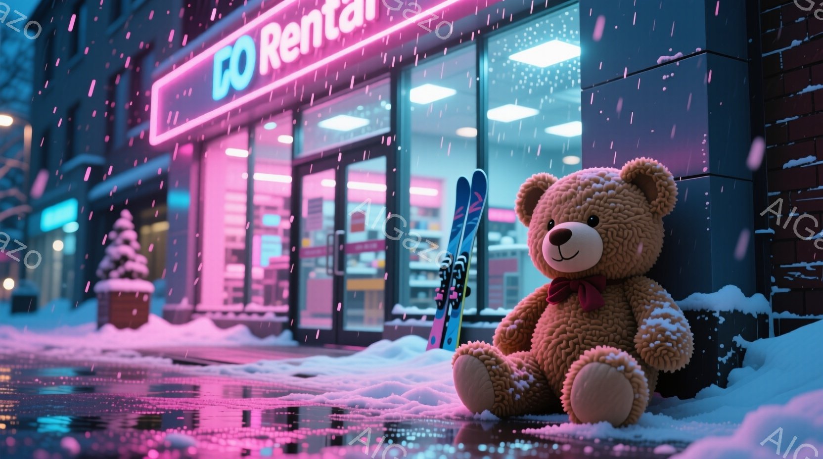 ぬいぐるみ（テディベア）が雪に覆われた通りの縁石に座っており、首には赤いリボンが結ばれています。背景には「Rentals」と書かれた光る看板のある店があり、周囲は雪が舞う夜の街並みです。全体的に、暖か - AI生成フリー素材