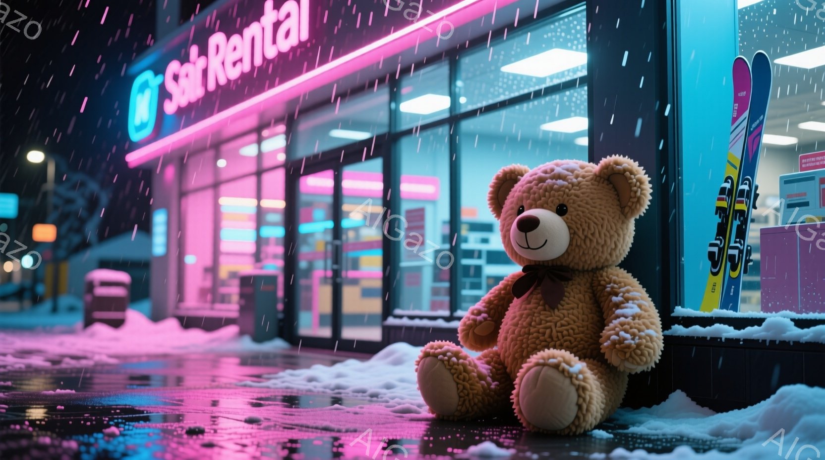 雪が降る夜のレンタルショップ前に、大きな茶色のテディベアが座っています。ネオンサインが反射し、路面と周囲をピンクと紫の色合いで照らしています。背景にはお店のガラスドアと、スキー板が飾られた壁が見え、冬の静かで幻想的な雰囲気を醸し出しています。