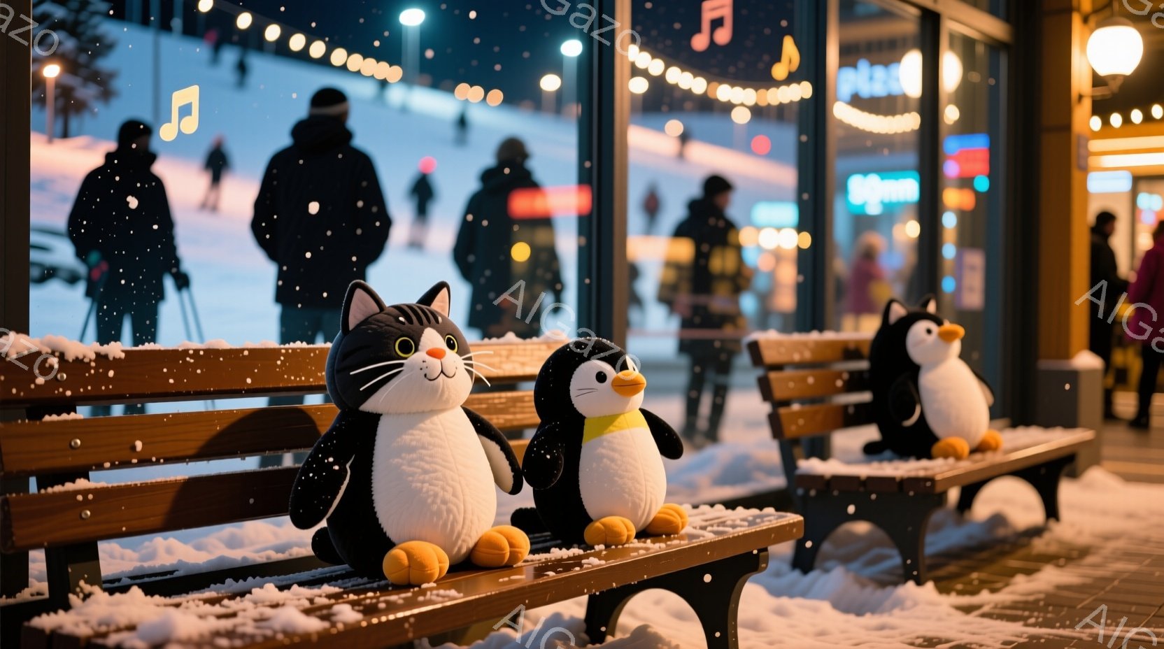 雪が降る夜、ベンチに座ったふわふわの黒猫とペンギンのぬいぐるみたちが可愛らしい様子を見せている。背景にはスキー場らしき光景が広がり、人々が滑っている姿や建物が見え、冬の夜の静けさと暖かさを感じさせる。 - AI生成フリー素材