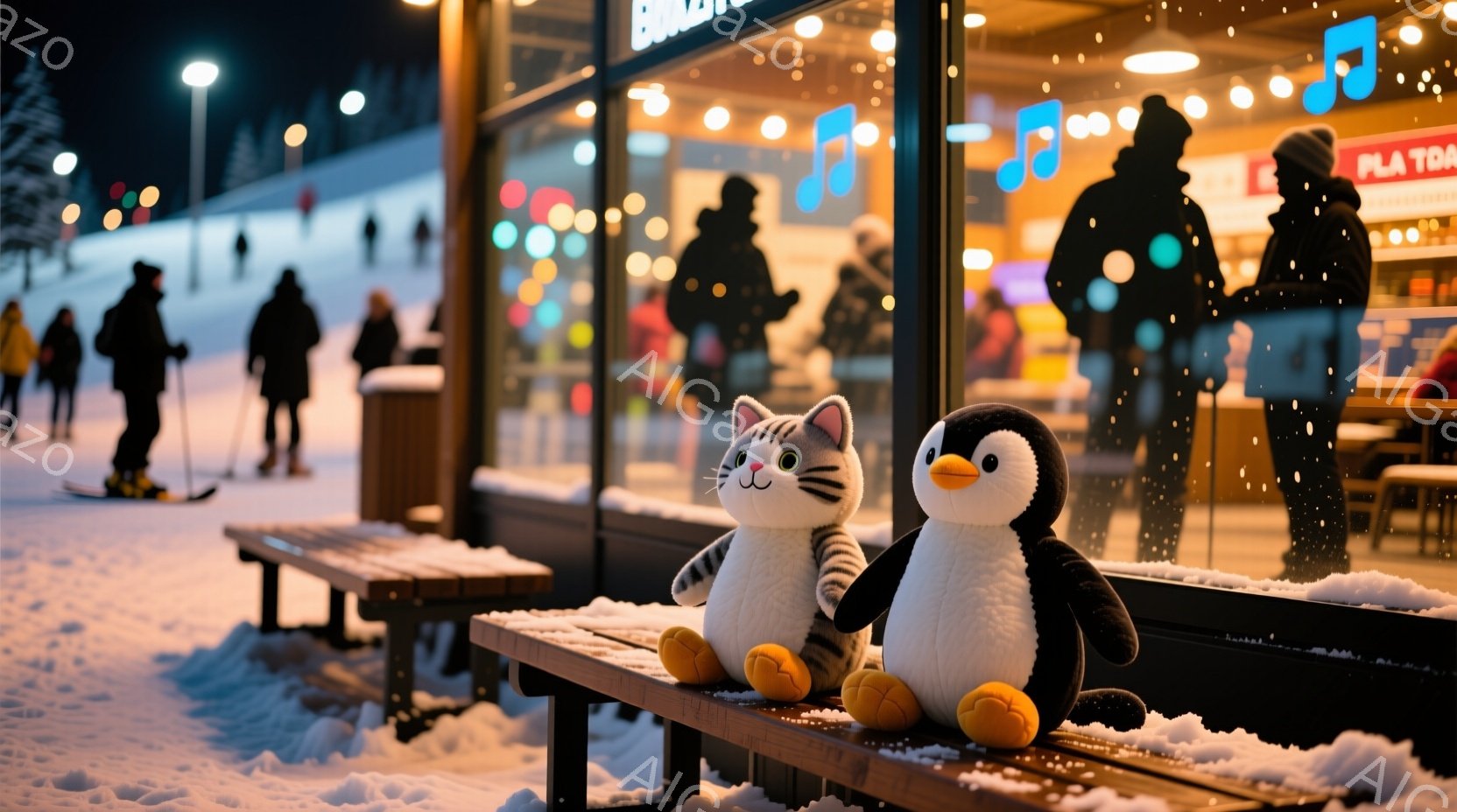 雪が降る夜のベンチに、可愛らしいぬいぐるみ、茶色の縞模様の猫と白いペンギンが座っています。背景にはスキー場があり、人々がスキーを楽しんでいるのがぼんやりと見え、暖かい光で照らされた建物が並んでいます。全体的に、温かく幻想的な冬の夜の雰囲気が漂っています。