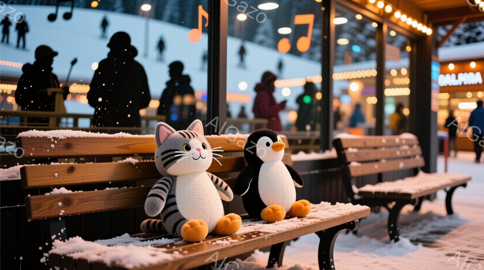 雪が降る屋外のベンチに、可愛らしい猫とペンギンのぬいぐるみがあらゆる場所に座っています。背景には、ライトアップされた建物とスキーヤーと思われる人影が見え、冬の夜の静かで穏やかな雰囲気が漂っています。ベ - AI生成フリー素材