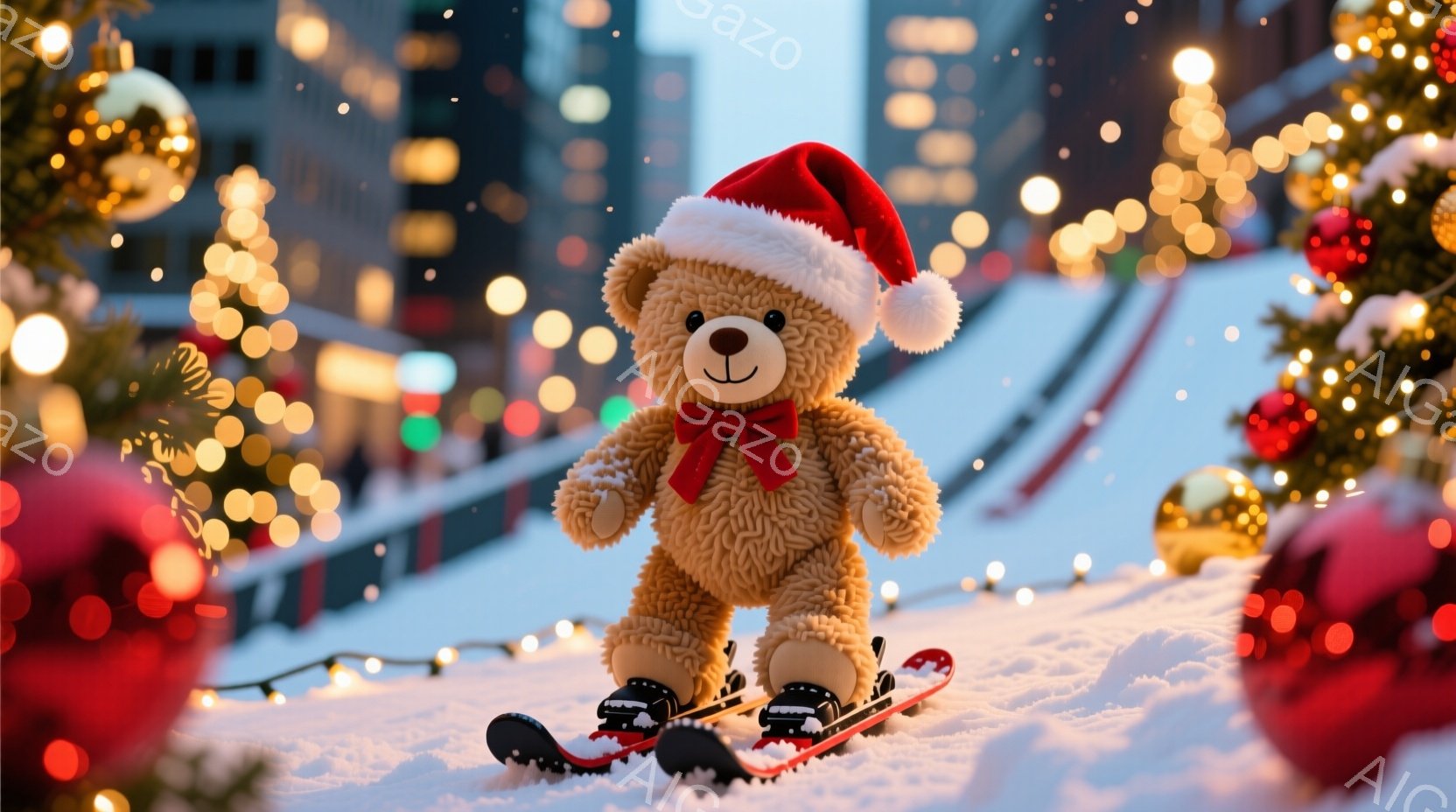 ふわふわの茶色のテディベアがスキー板に乗り、雪の上を滑走している。赤いサンタ帽とリボンを身につけ、笑顔で前を見つめている。背景にはきらめくイルミネーションと高層ビル群が広がり、冬の華やかな雰囲気を醸し - AI生成フリー素材