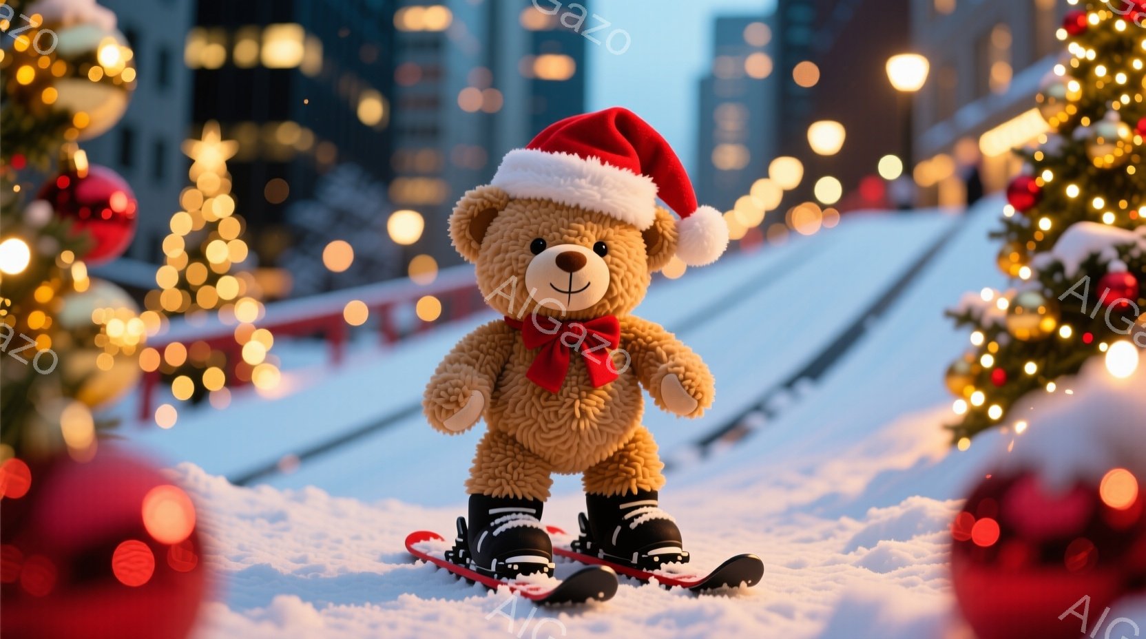 ふわふわの茶色のテディベアが、赤いサンタの帽子とリボンをつけてスキーをしています。背景には雪景色と、ぼやけた街の建物、そしてキラキラ光るクリスマスツリーの飾りが見え、冬の暖かい雰囲気を醸し出しています - AI生成フリー素材