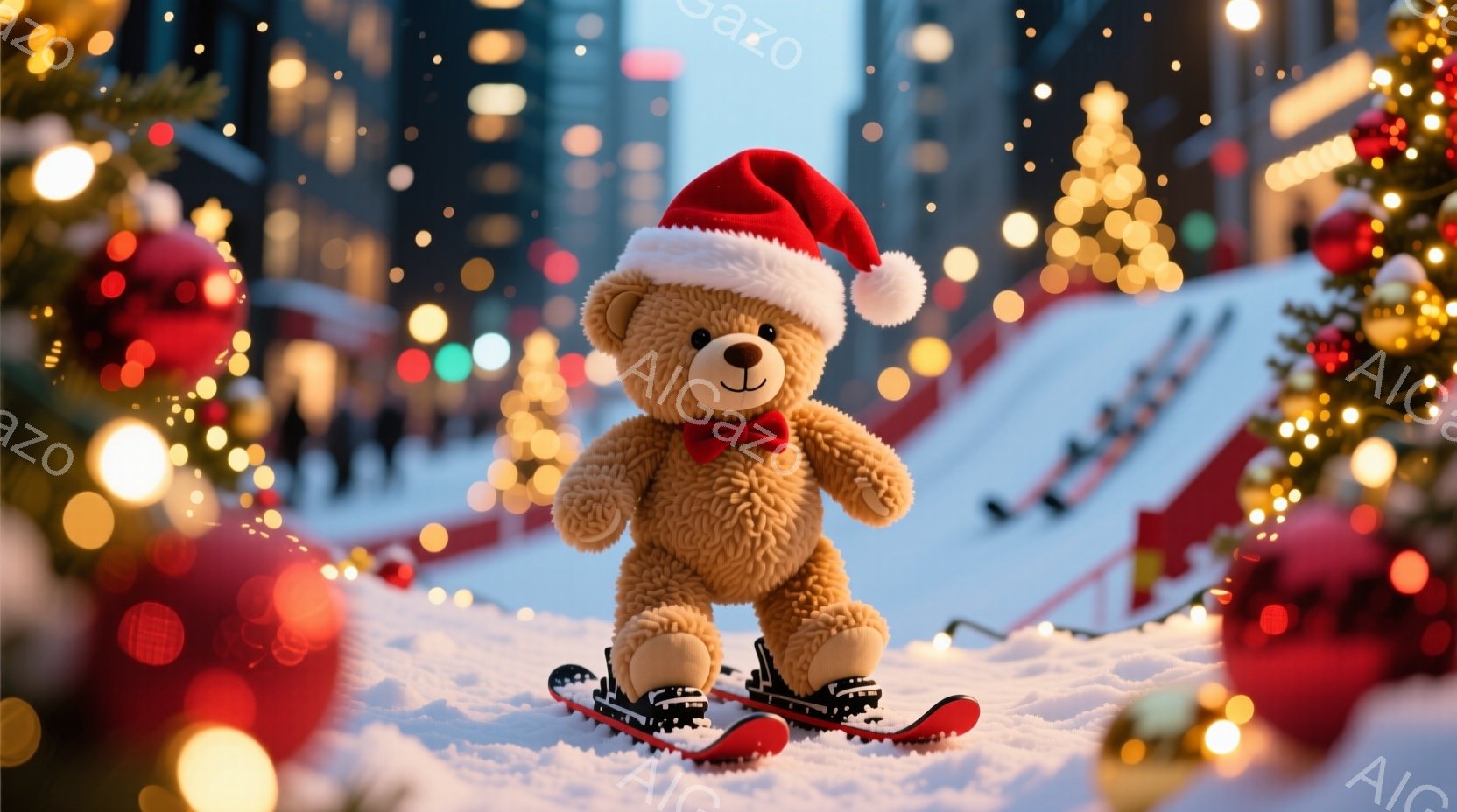 ふわふわの茶色のテディベアが、赤いサンタ帽と蝶ネクタイをつけ、スキー板に立っている。背景には、ぼやけたクリスマスツリーやイルミネーション、そして遠くに見える都市の建物があり、雪が降る冬の風景が広がって - AI生成フリー素材