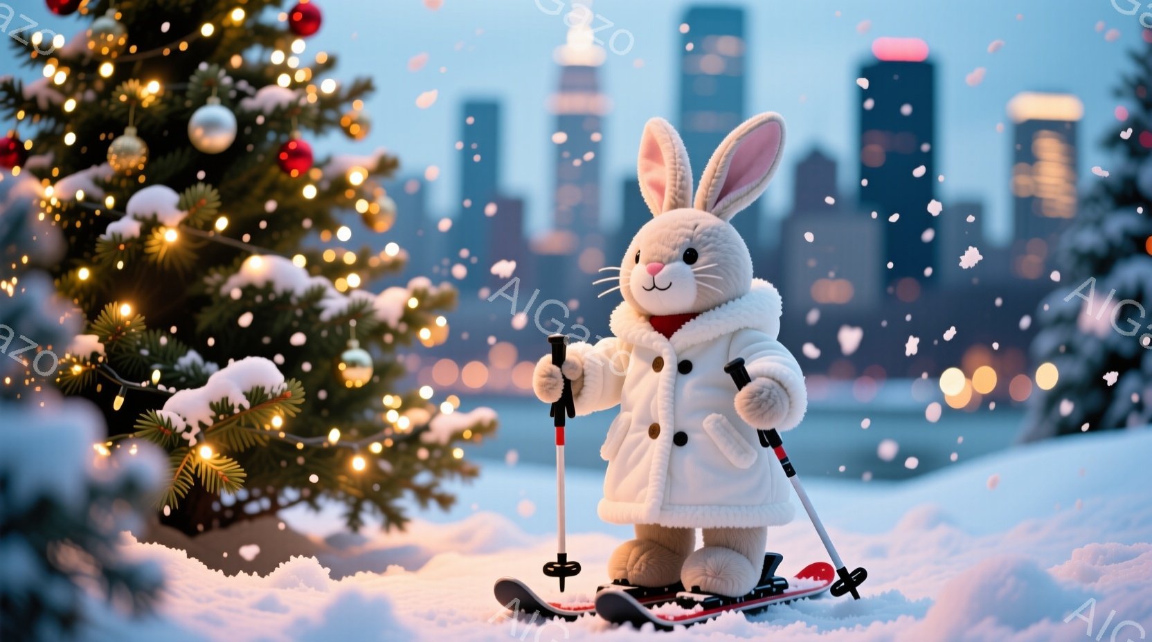 白いウサギがスキーウェアを着て雪の上に立っています。赤いほっぺと優しい表情で、スキーポールを握り、雪景色を背景に冬を楽しんでいます。背景にはクリスマスツリーが飾られ、遠くに高層ビル群が見え、雪が舞う幻 - AI生成フリー素材