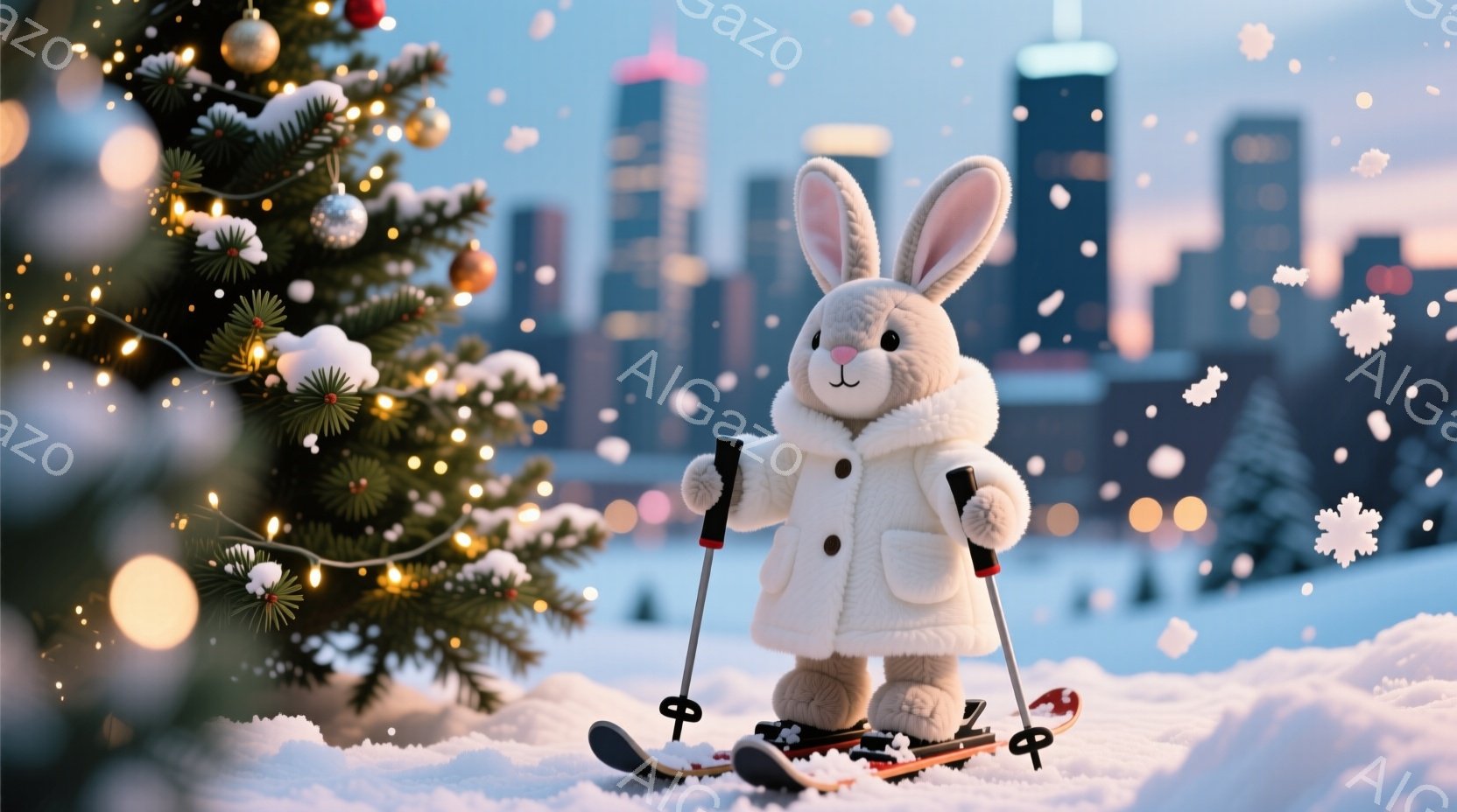 雪景色の中に、スキー板を履いた白いウサギが立っている。ウサギは白いコートを着ており、片手にスキースティックを持っている。背景には雪に覆われた建物群がぼんやりと見え、クリスマスの飾り付けがされたクリスマ - AI生成フリー素材