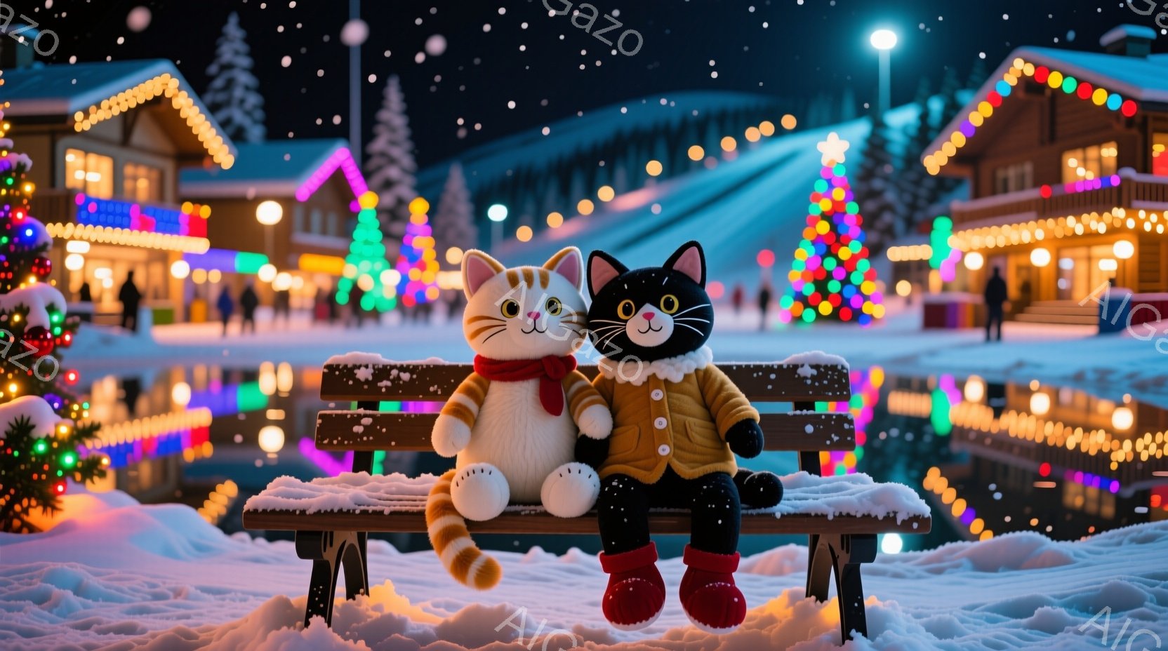 雪に覆われたベンチに、茶色と黒の2匹のぬいぐるみが座っています。茶色の猫は赤いマフラーを巻き、黒の猫は赤いブーツを履いており、どちらも穏やかな表情をしています。背景には、クリスマスライトで飾られた建物 - AI生成フリー素材