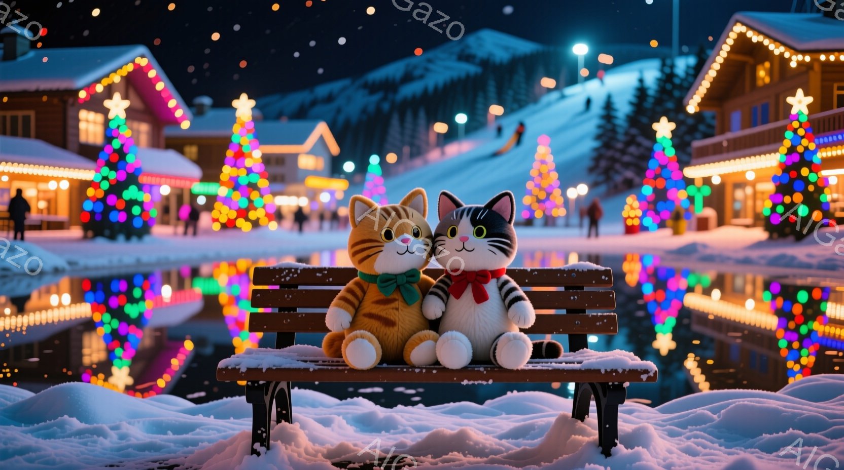 雪景色の中に、ベンチに並んで座る2匹のぬいぐるみ（オレンジと白黒の猫）が描かれています。猫たちは赤いマフラーを巻いており、お互いに寄り添うように座っています。背景にはクリスマスイルミネーションで飾られ - AI生成フリー素材