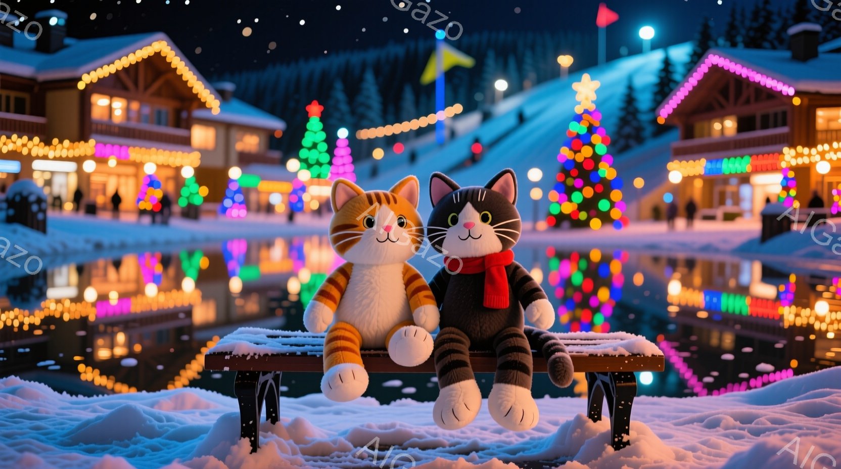 ふわふわのぬいぐるみである茶色の猫と灰色の猫が雪に覆われたベンチに寄り添って座っています。背景には、色とりどりのイルミネーションで飾られた建物やクリスマスツリーが立ち並び、雪が降る冬の夜の暖かい雰囲気 - AI生成フリー素材