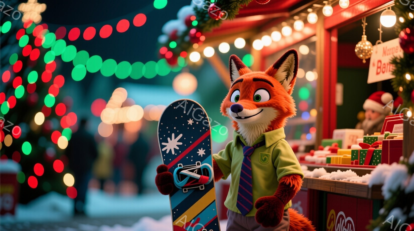 オレンジ色の狐のキャラクターが、雪に覆われた市場のような場所でスノーボードを持っています。彼は明るい緑色のセーターと茶色のズボンを身につけており、顔には笑顔が見られます。背景にはクリスマスの飾り付けが施された屋台や、ぼやけた人影があり、全体的に華やかで冬の祭りの雰囲気を醸し出しています。