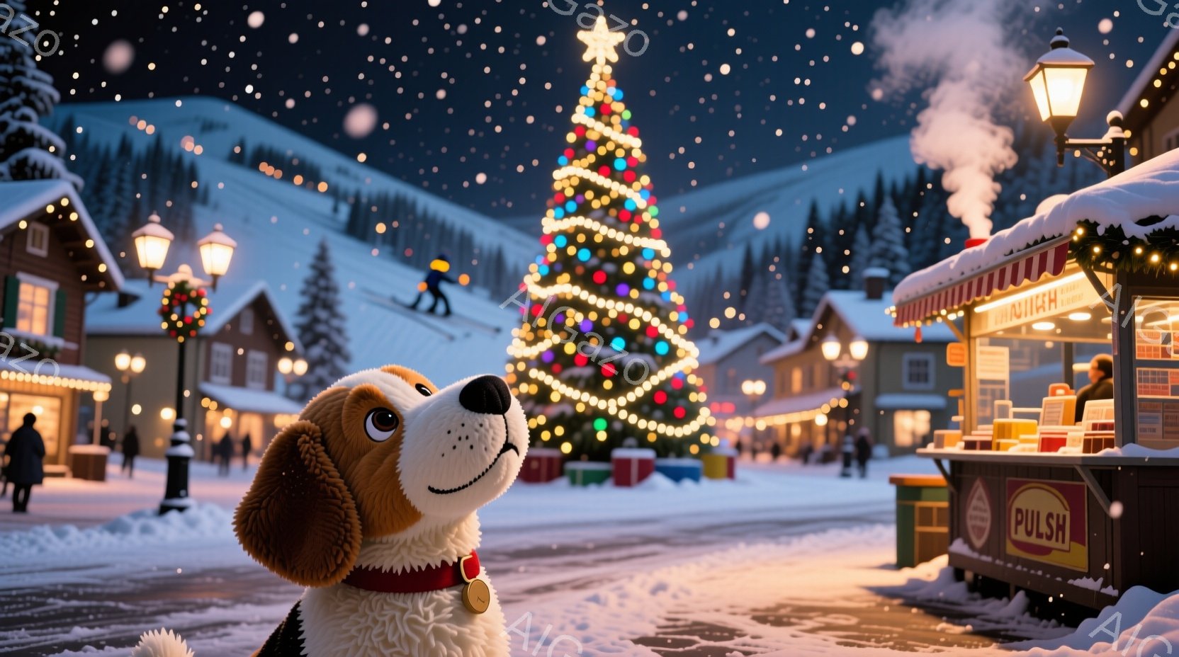 雪が降る夜の賑やかなクリスマスタウンで、愛らしいビーグル犬がこちらを見つめています。犬は赤い首輪と小さなタグをつけ、クリスマスの飾り付けられた大きなクリスマスツリーと、温かい光を放つ屋台が背景にあります。全体的に、温かく、お祭り気分にあふれた、心温まる冬の雰囲気です。
