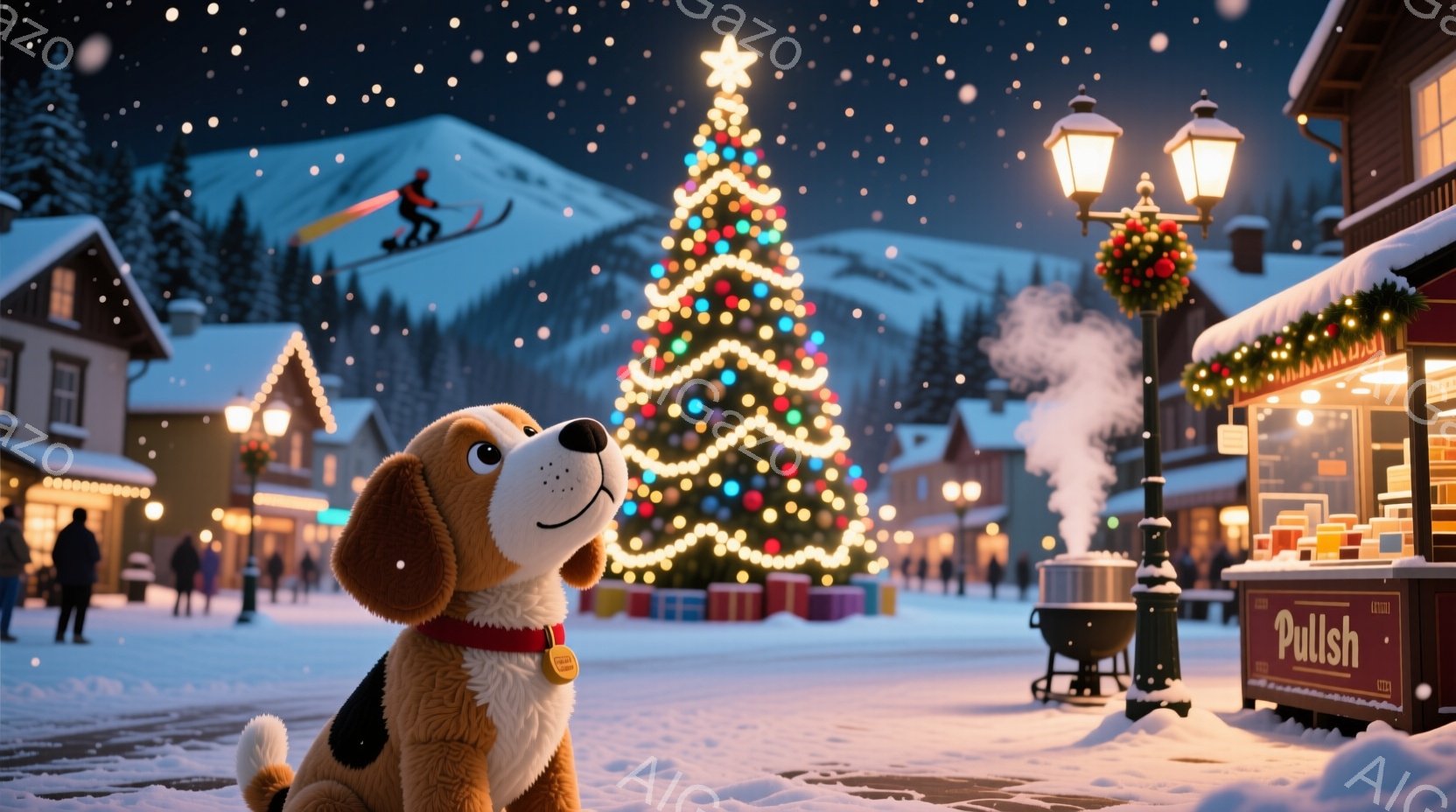 雪が降る賑やかな冬の街並みで、愛らしいビーグル犬が座って正面を見つめている。背景には、イルミネーションで飾られた巨大なクリスマスツリーや、湯気が立ち上る屋台、雪に覆われた建物が並び、人々が楽しそうに歩 - AI生成フリー素材