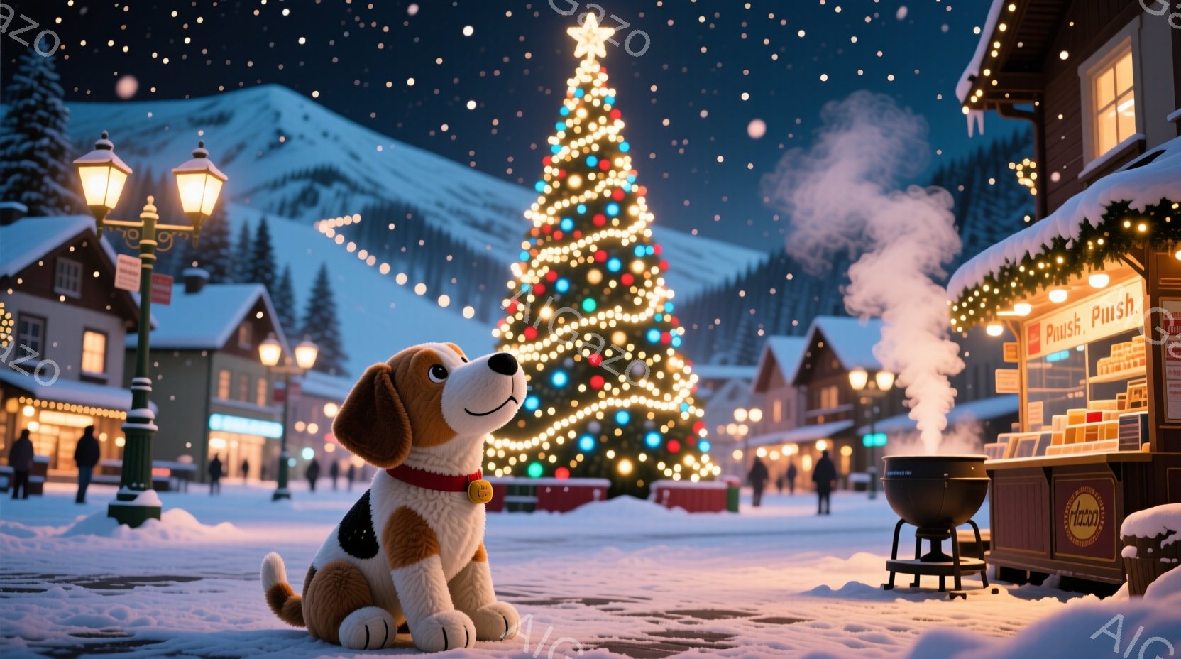 街の中心には大きなクリスマスツリーが輝き、雪が静かに降り積もる冬の夜の光景です。愛らしいビーグル犬のぬいぐるみは、道路の真ん中に座り、暖かく光る街灯と活気のあるクリスマスマーケットを見つめています。背 - AI生成フリー素材