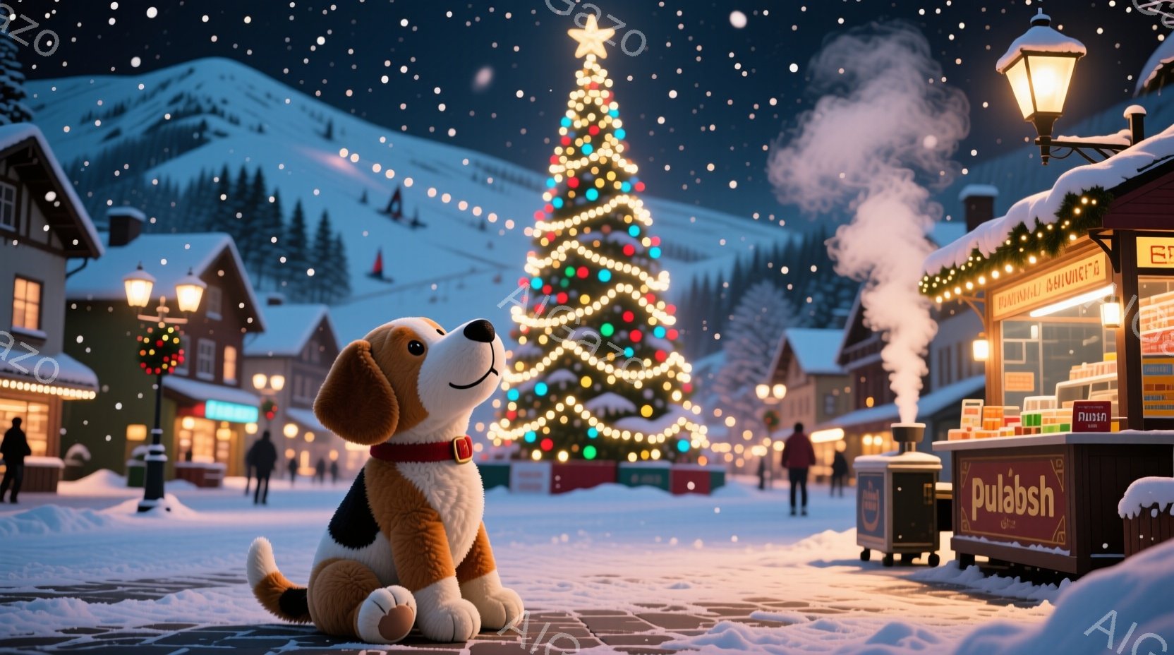 雪が降るクリスマスの夜の賑やかな街並みで、ビーグル犬が可愛らしく座っています。背景には、ライトで飾られたクリスマスツリー、暖かく光るお店、雪に覆われた建物と山々が広がっており、心温まる冬の雰囲気を醸し - AI生成フリー素材