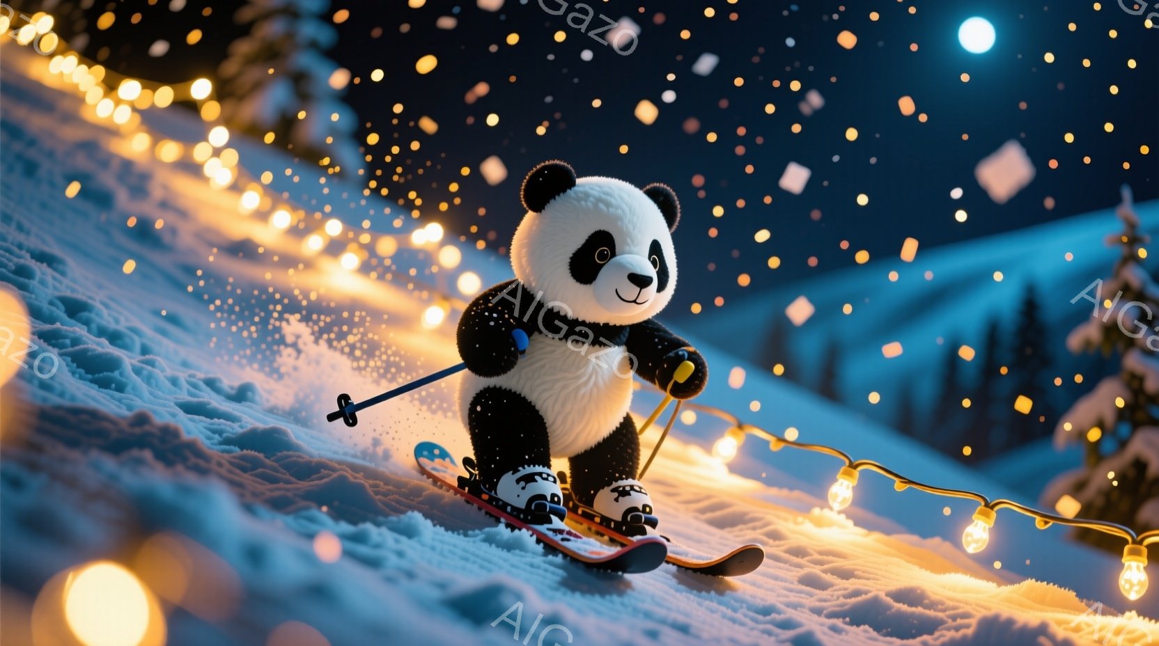 白い雪の上をスキーをするパンダが描かれています。パンダはスキーウェアを着て、片手にスキーポールを持ち、楽しそうな表情をしています。背景には雪景色が広がり、ライトアップされた電球が輝き、冬の幻想的な雰囲気を醸し出しています。