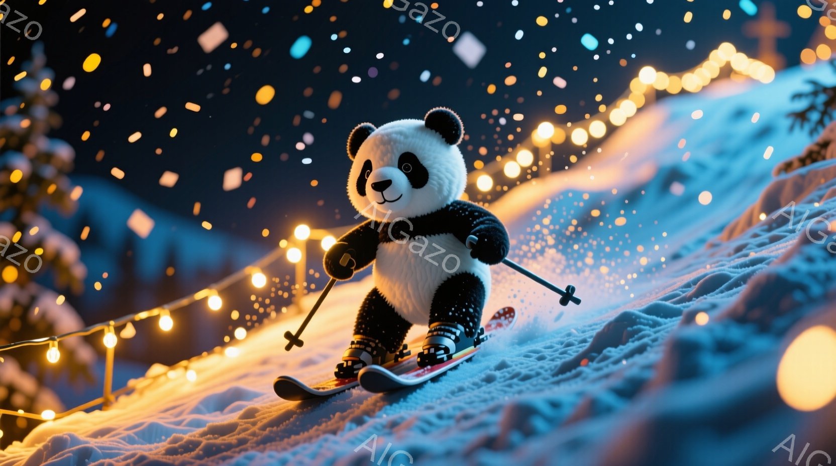 白と黒のパンダがスキーをしており、赤いスキー板とポールを持っています。雪景色の中で、キラキラと輝く電飾が背景にあり、まるで冬の夜空を彩る星のようです。全体的に暖かく、楽しげな雰囲気が漂っています。