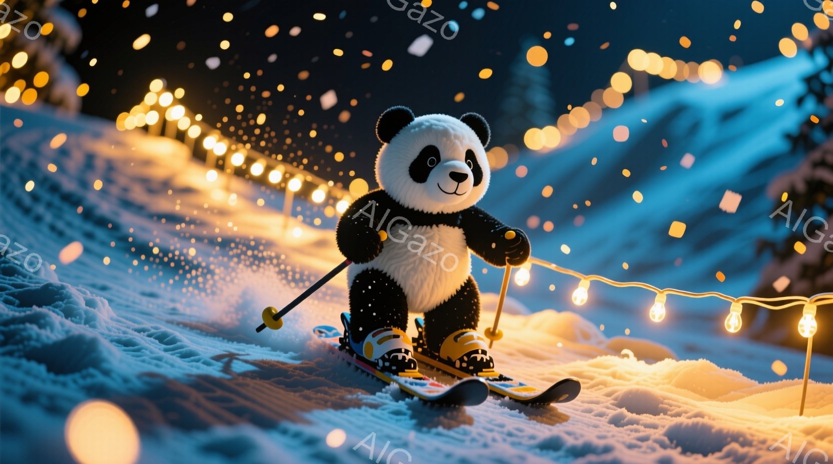 白と黒のパンダがスキーをしており、黄色と青色のスキー板とスキーポールを持っています。背景には雪景色が広がり、温かい光を放つ電飾が雪原を彩っています。全体的に暖かく、冬の楽しい雰囲気が漂う、可愛らしい光景です。