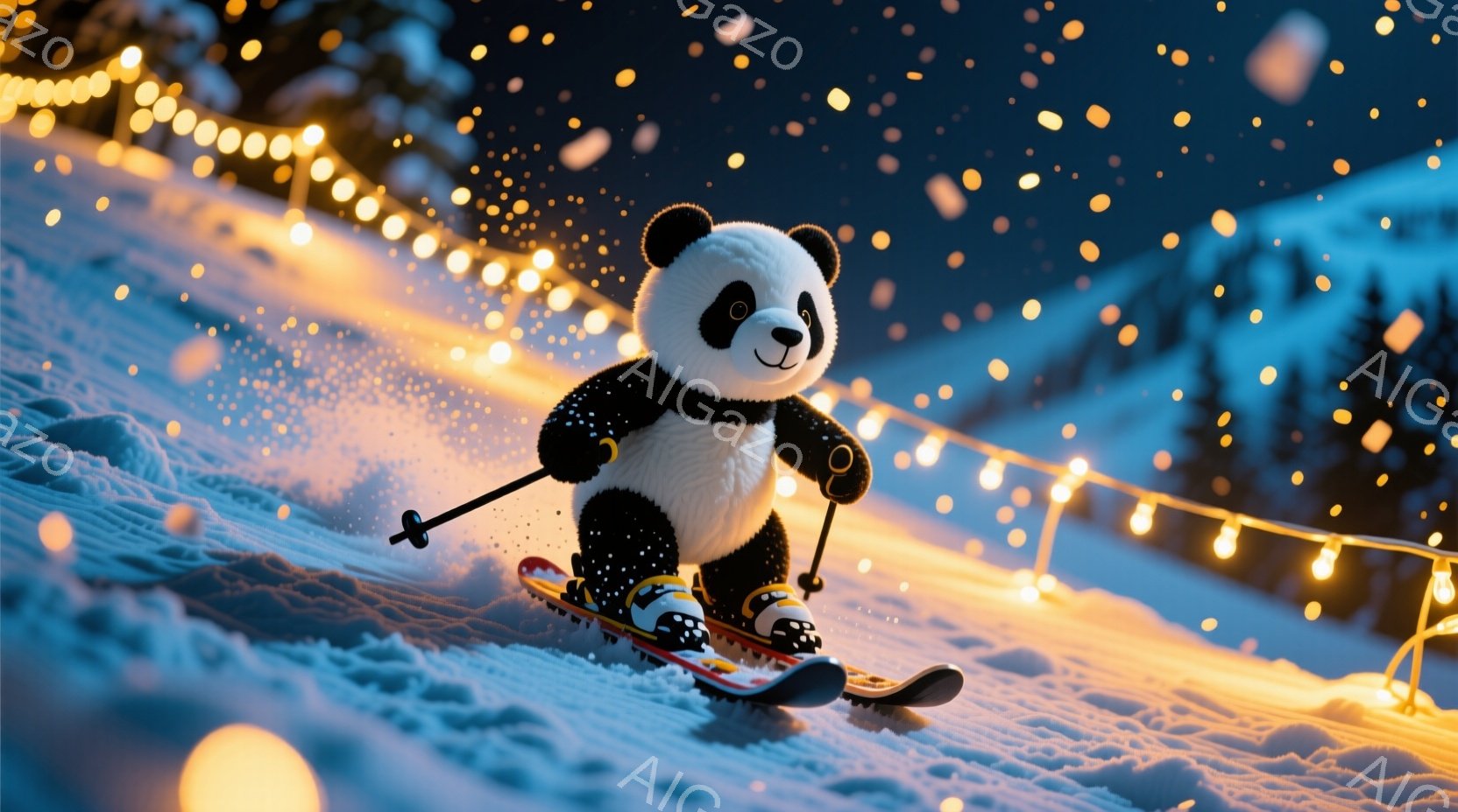 白い毛並みと黒い目、鼻を持つパンダが、雪山をスキーで滑っている様子が描かれています。パンダはスキーウェアと帽子を身に着け、楽しそうな表情でスキーを楽しんでいます。背景には雪景色と輝くイルミネーションが広がり、冬の暖かく幻想的な雰囲気を醸し出しています。