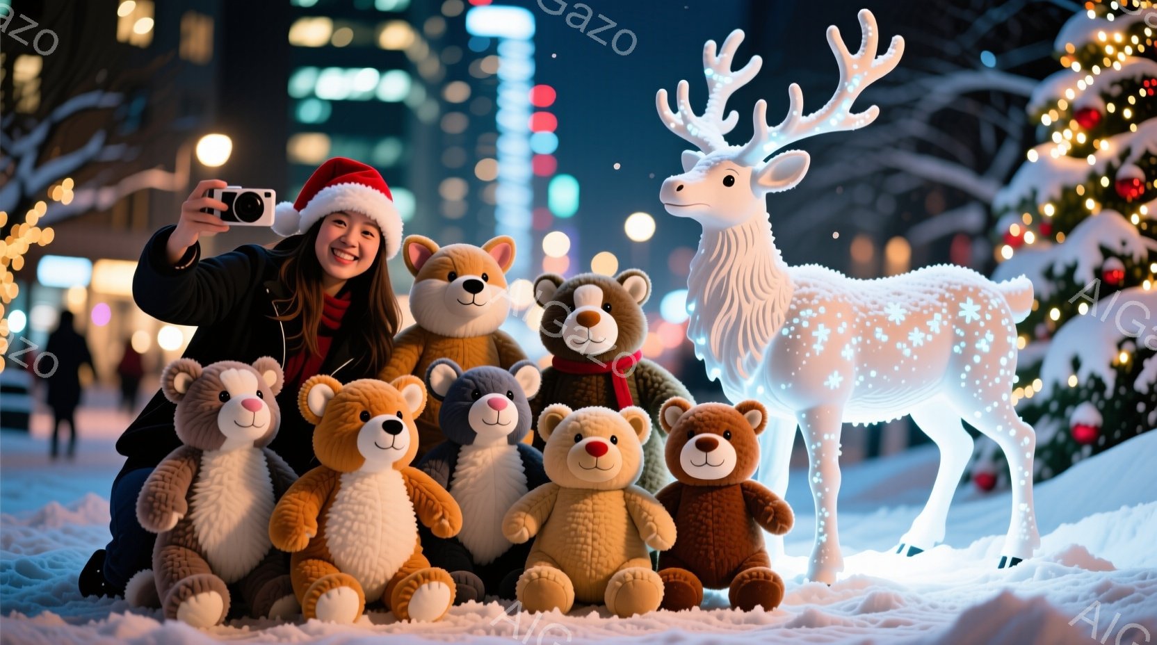 一人の女性が、クリスマスの装飾が施された雪景色の中で、たくさんのテディベアと記念撮影をしています。彼女は赤いサンタの帽子をかぶり、黒いジャケットを着て、笑顔でカメラを構えています。背景には、光り輝くトナカイのイルミネーションや、ぼやけた街の建物、そしてクリスマスツリーの光が確認でき、温かく、お祝いムードに満ちた雰囲気です。