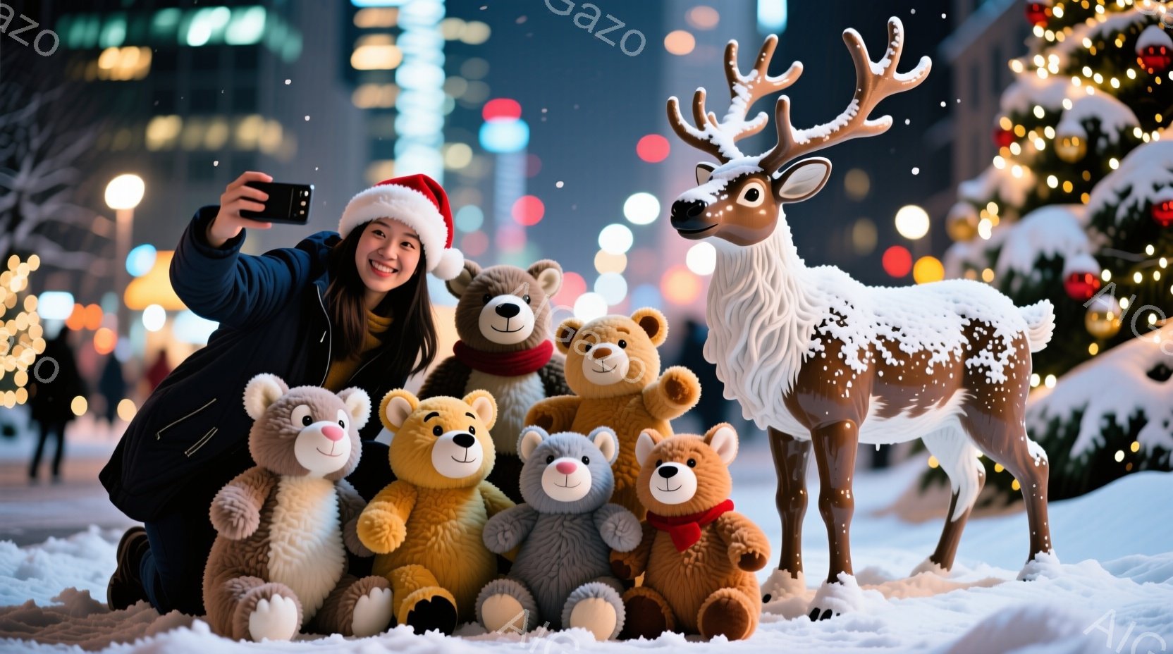 若い女性がクリスマスツリーの近くで、複数のテディベアとトナカイのオブジェを背景に自撮りしている。彼女は黒いコートに赤いサンタの帽子をかぶり、笑顔でポーズを取っている。背景には、ぼやけた街並みと輝くイルミネーションが広がり、雪が舞い散る冬の夜の暖かい雰囲気を醸し出している。
