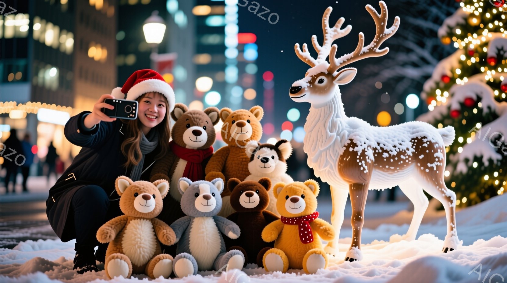 若い女性が赤いサンタ帽をかぶり、黒い服を着て、多くのテディベアと光るトナカイの像の前にひざまずいて写真を撮っています。背景には、夜景のビル群と、きらめくイルミネーションがあり、地面は雪で覆われています。全体的に、暖かく、お祝いの雰囲気で、クリスマスの喜びを感じさせる画像です。