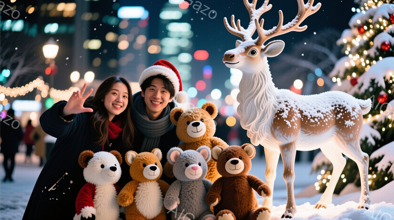 笑顔の若い女性と男性が、クリスマスの装飾の前でテディベアと一緒に写っています。女性は赤いサンタ帽をかぶり、黒いコートを着て、片手を上げています。背景には、光り輝くトナカイの像、クリスマスツリー、そして - AI生成フリー素材