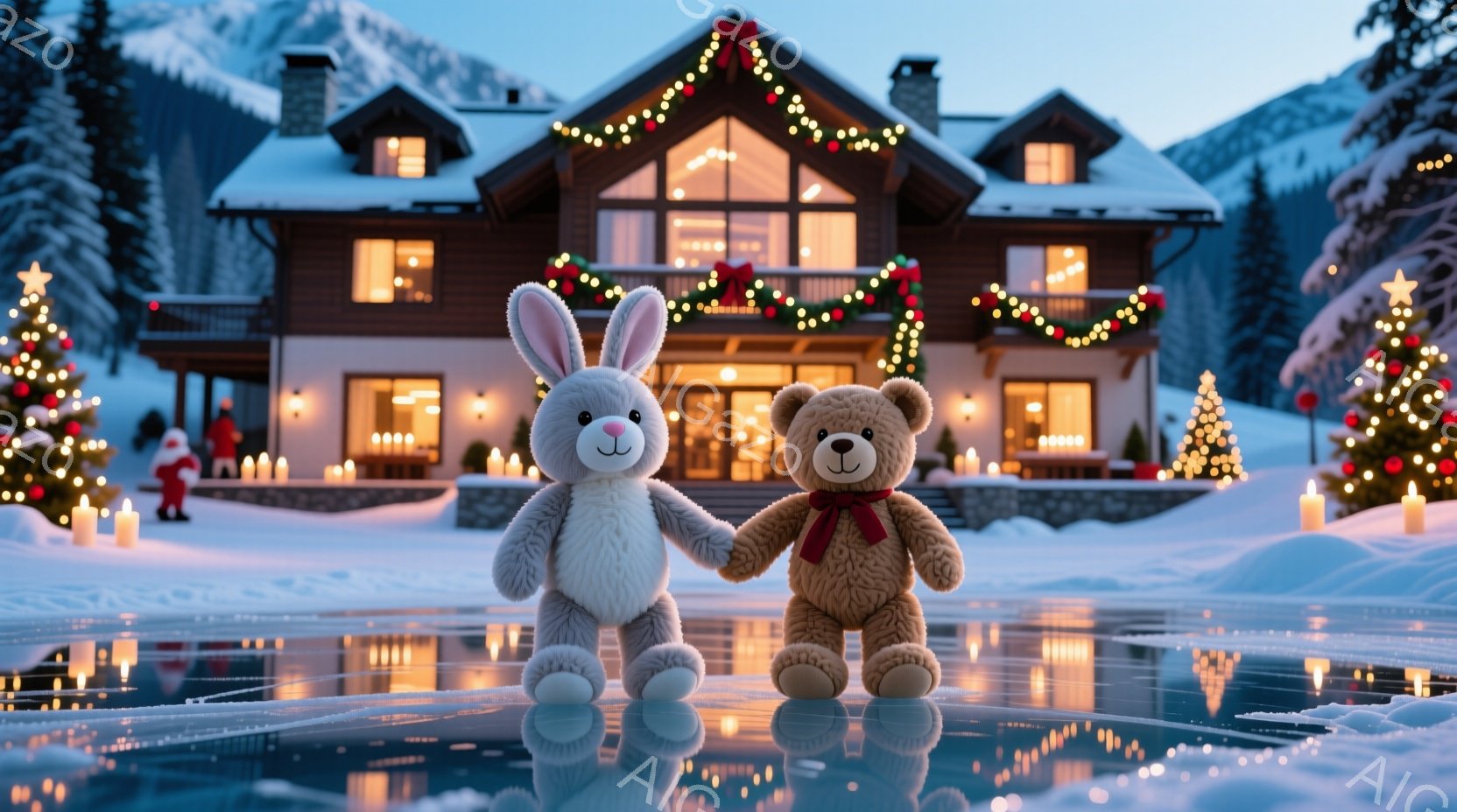 白いウサギのぬいぐるみと茶色のクマのぬいぐるみが手をつないで氷上に立っています。背景には、クリスマス装飾が施された暖炉のある豪華な山小屋、雪に覆われた木々、そして夕暮れ時の山々が見えます。全体的に、温かく、お祝いムードあふれる冬の風景が表現されています。