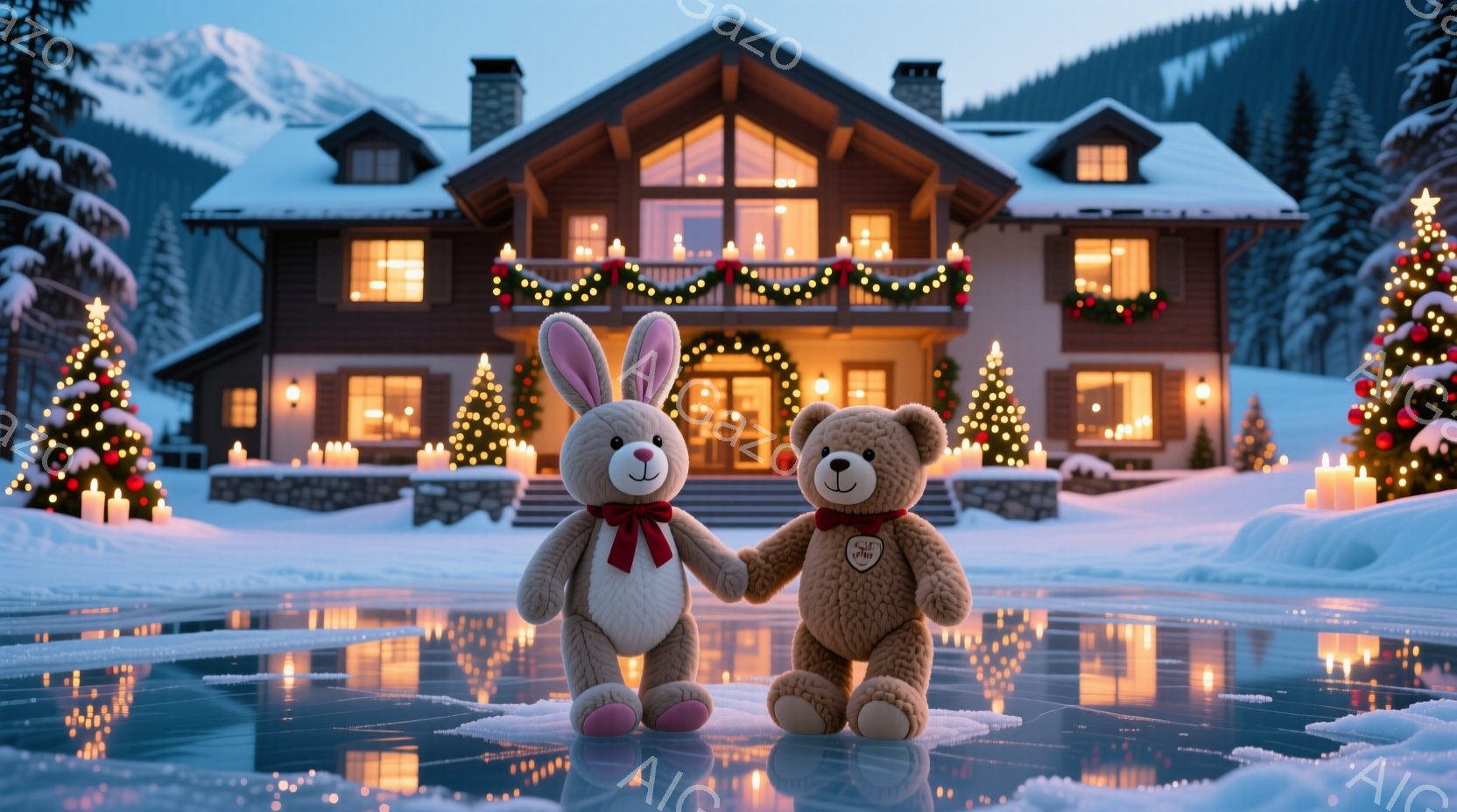 雪景色の中に、かわいらしいクマとウサギのぬいぐるみがお互いの手を繋いで立っています。背景には、クリスマス装飾が施された豪華な邸宅と、雪をまとった山々が広がっており、暖かい光が邸宅から差し込んで幻想的な - AI生成フリー素材