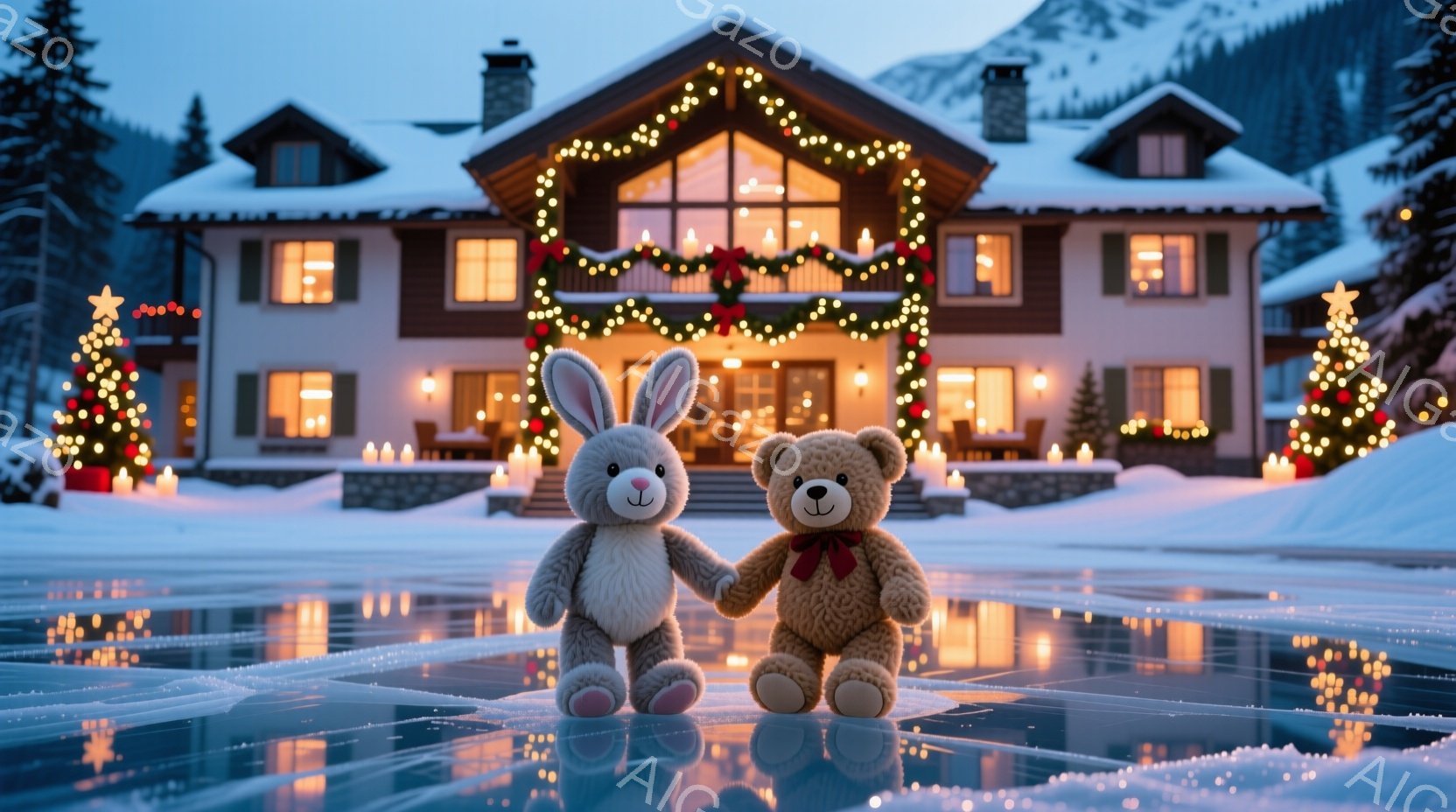 白い雪景色の中に、可愛らしいウサギのぬいぐるみとクマのぬいぐるみが手をつないで立っています。背景には、クリスマスイルミネーションで飾られた大きな家があり、雪原が広がり、遠くには雪山がそびえています。温 - AI生成フリー素材