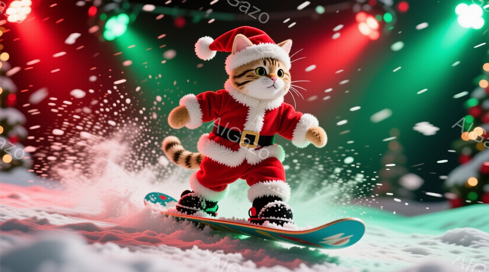 白い背景に、サンタクロースの衣装を着た猫がスノーボードで滑っている様子が描かれています。猫は赤いスーツと白い毛皮の縁取り、そして頭にはサンタの帽子をかぶり、楽しそうに滑走しています。背景にはぼやけたク - AI生成フリー素材