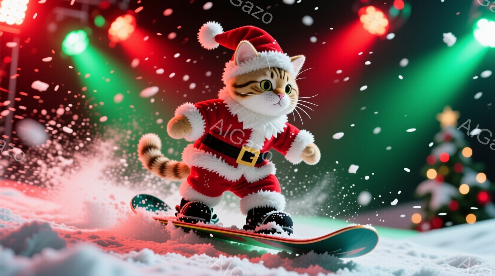 猫がサンタクロースの衣装を着て、雪の上をスノーボードで滑っている様子が描かれています。赤い衣装には白い毛皮の縁取りがあり、黒いブーツと手袋を履いています。背景にはぼやけたクリスマスツリーの光と雪が舞っ - AI生成フリー素材
