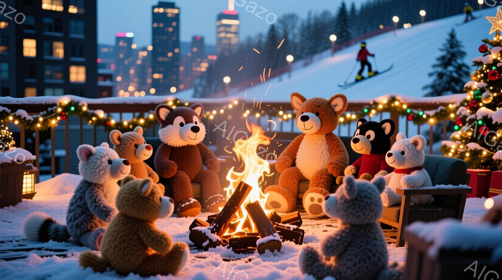 雪が降り積もる屋外のテラスに、様々な種類のテディベアたちが暖炉を囲んで座っています。背景には雪山と遠くの建物が見え、クリスマスの装飾が施された木がテラスの角に立っています。暖炉の光と雪景色が、温かく穏やかな冬の雰囲気を醸し出しています。