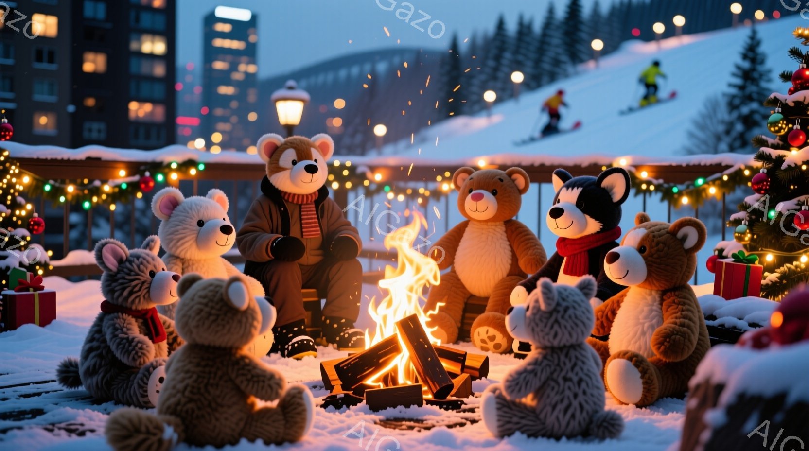 雪景色の中で、テディベアたちが暖炉を囲んで座っています。彼らはそれぞれ異なる色の服を着ており、リラックスした表情をしています。背景にはライトアップされた建物やスキーをする人、そして雪に覆われた山々が見 - AI生成フリー素材