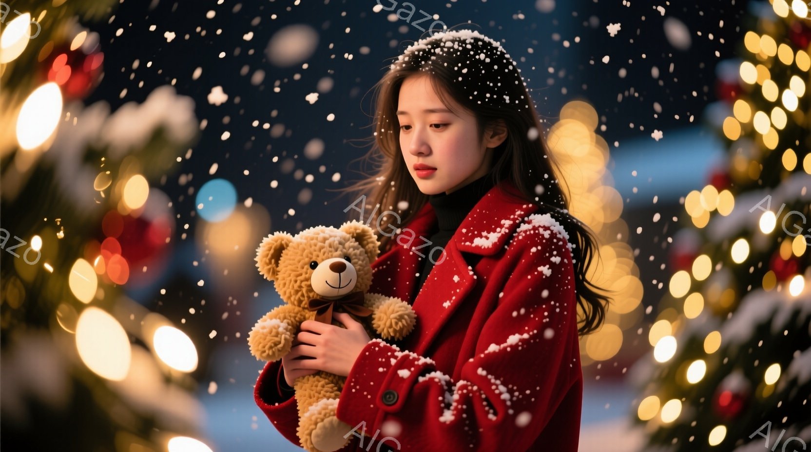 明るい赤色のコートを着た若い女性が、テディベアを抱きしめて立っています。彼女は少し物憂げな表情で、長く艶やかな黒髪が肩にかかっています。背景にはぼやけたクリスマスツリーの光が輝き、雪が舞い散る冬の夜の - AI生成フリー素材