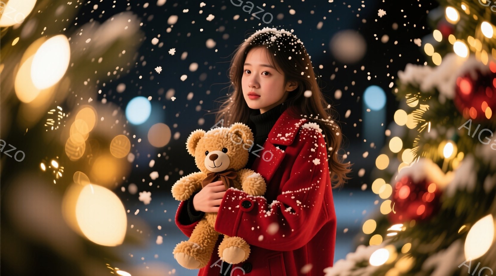 赤いコートを着た若い女性が、テディベアを抱きかかえて立っています。彼女は暗い髪で、少し微笑んでいます。背景には、ぼやけたクリスマスツリーの光と雪が舞っており、冬の温かく幻想的な雰囲気を醸し出しています - AI生成フリー素材