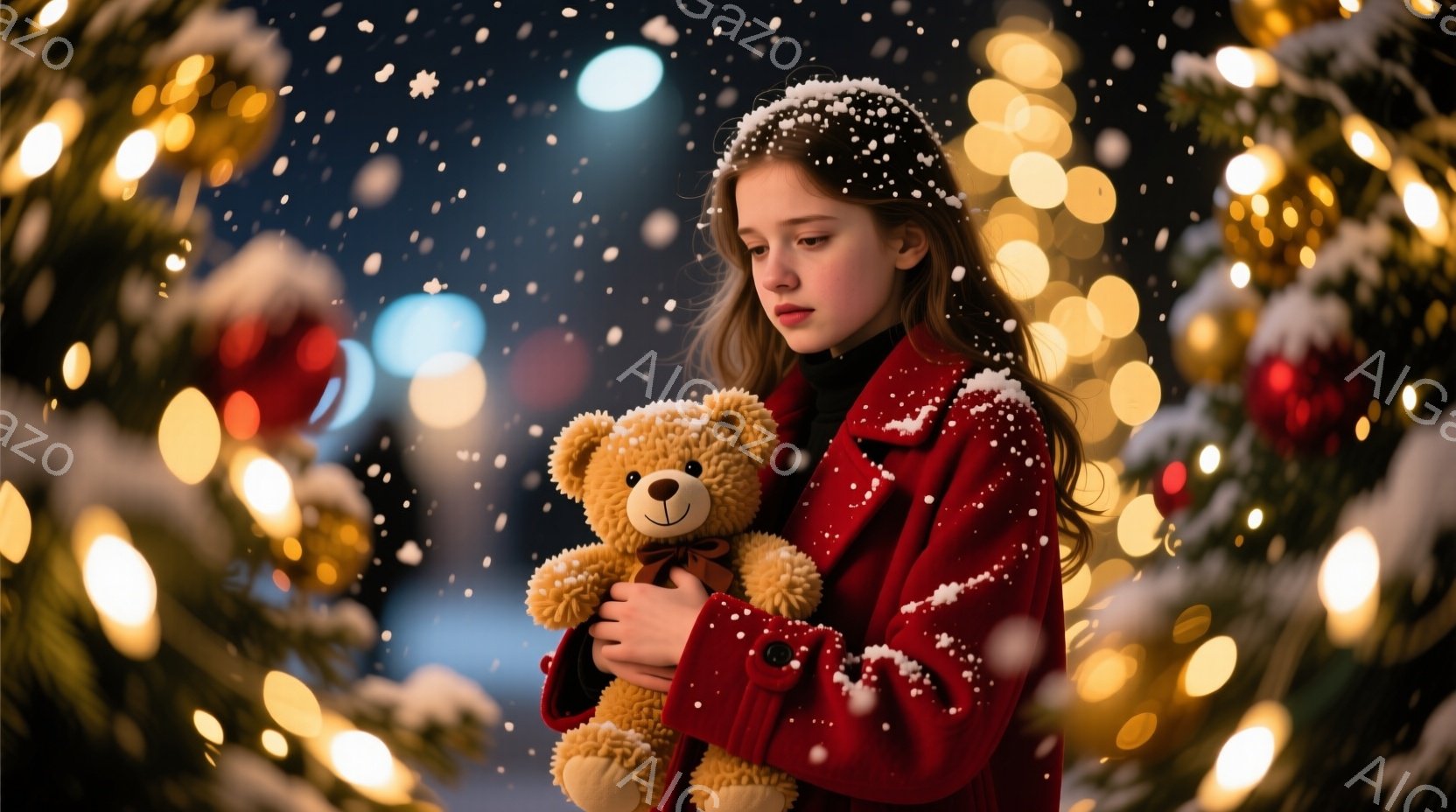 少女は赤いコートを着て、抱きしめるようにテディベアを抱えています。彼女は黒い髪をしており、少し悲しそうな表情をしています。背景にはクリスマスツリーの飾り付けと、雪が舞う夜空がぼんやりと見え、全体的に少 - AI生成フリー素材