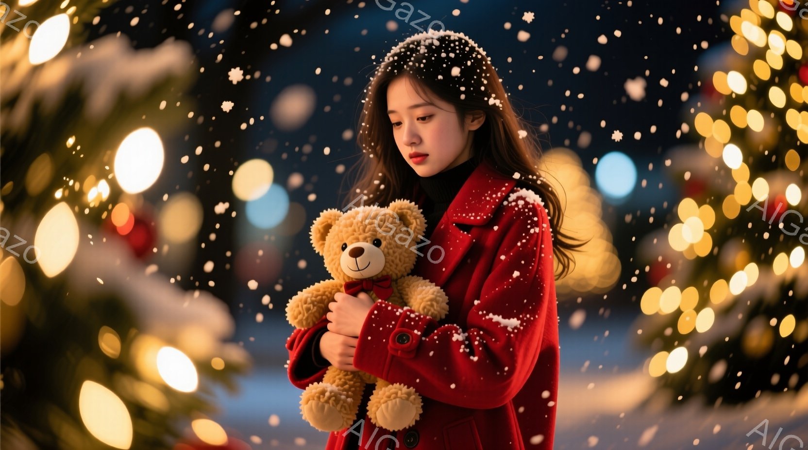 長い黒髪の女性が、赤いコートを着て、茶色のテディベアを抱きしめています。彼女は少し悲しそうな表情をしており、雪が舞う夜のイルミネーションが輝く背景に佇んでいます。背景にはぼやけた光の帯と、暗いシルエッ - AI生成フリー素材