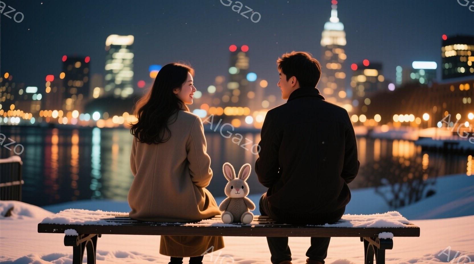 長い黒髪の女性と黒いコートを着た男性が、雪に覆われたベンチに並んで座っています。女性は少し振り返り微笑んでおり、ベンチの中央には灰色のウサギのぬいぐるみが置かれています。背景には、夜の都市のスカイライ - AI生成フリー素材