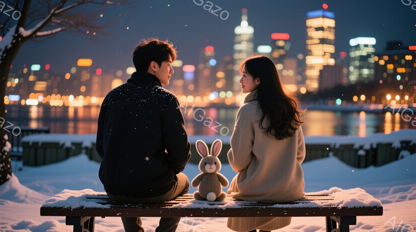 雪が舞う中、ベンチに並んで座る若い男女が描かれています。男性は黒いジャケットを着ており、女性は白いセーターを着て、長い髪が背中に広がっています。背後には夜景が広がり、街の光が雪に反射して幻想的な雰囲気 - AI生成フリー素材