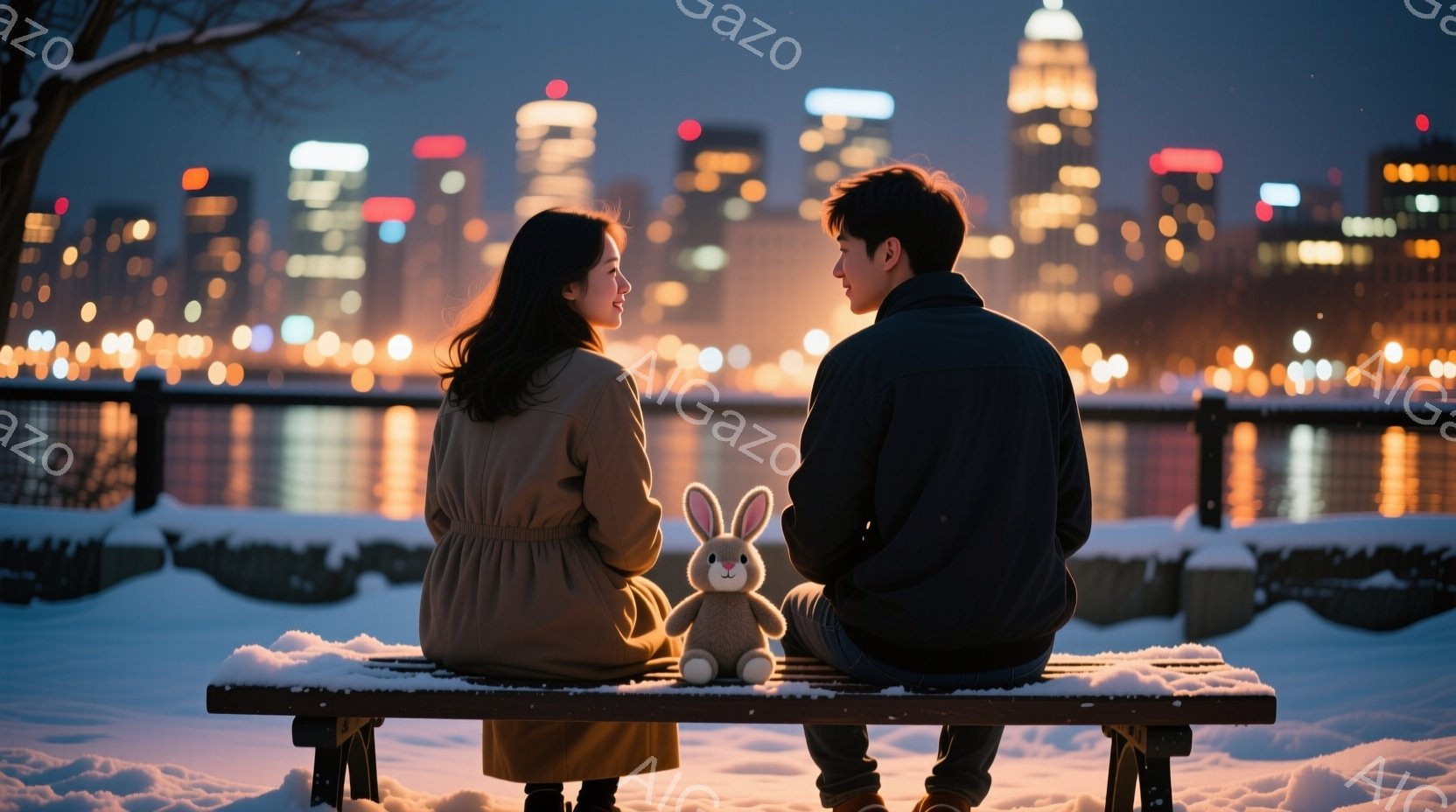 雪が降る夜、ベンチに座る男女が描かれている。女性はロングコートを着ており、長い髪を背中に流している。男性は黒いジャケットを着ており、二人は寄り添うように座り、遠くの都市の夜景を眺めているベンチの間に、 - AI生成フリー素材