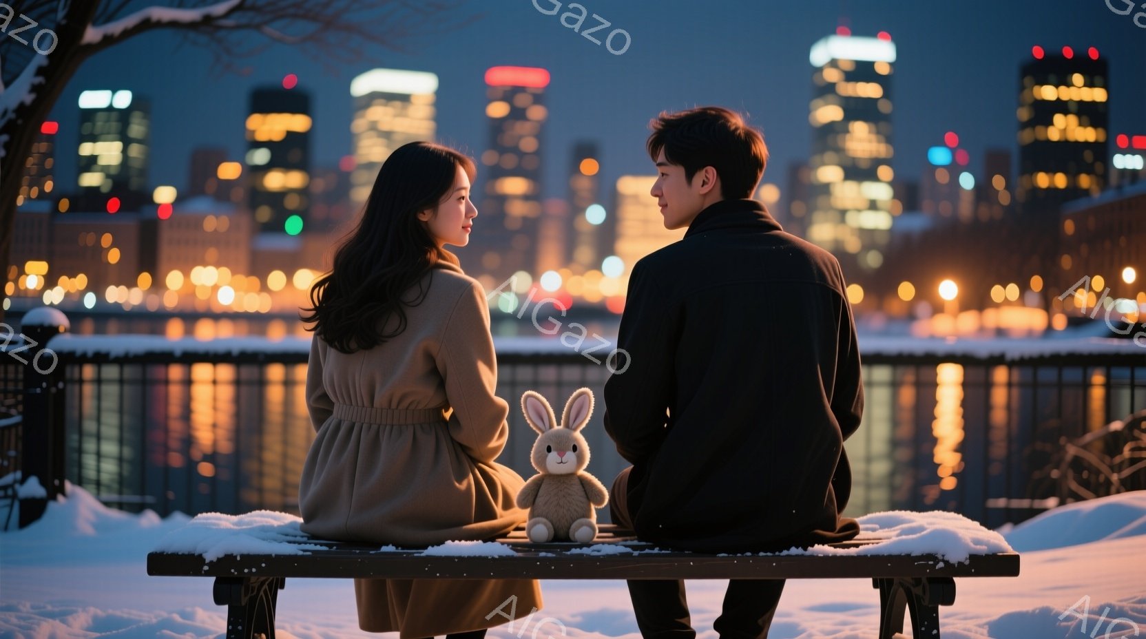 長い黒髪の女性と黒いコートを着た男性が、雪に覆われたベンチに並んで座っています。二人の間には、灰色のウサギの人形が置かれています。背景には、夜景の美しい高層ビル群がぼやけ、雪が降る冬の夜の静かでロマン - AI生成フリー素材