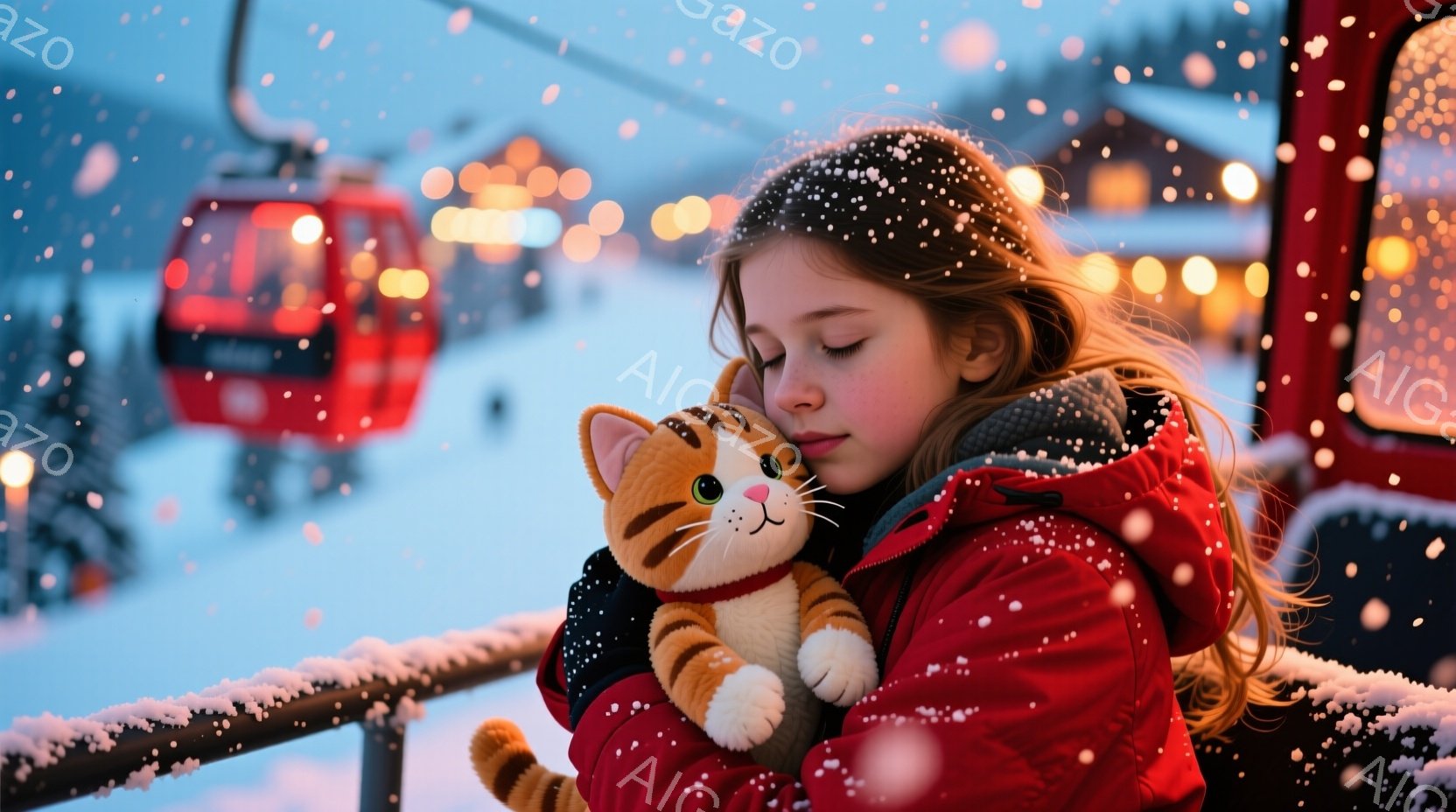 雪が降る中で、少女は赤いジャケットを着て、抱きしめるように茶色の猫のぬいぐるみを持っています。彼女は目を閉じて穏やかな表情を浮かべており、暖かさと安心感を表現しています。背景には雪景色が広がり、遠くに - AI生成フリー素材